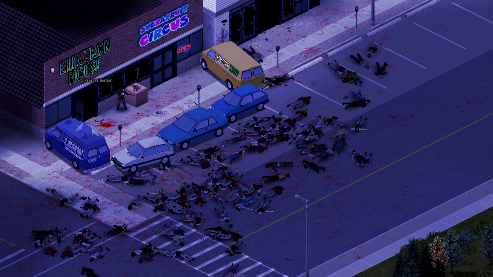 Project Zomboid build 42 artwork: A street full of zombies in survival game Project Zomboid