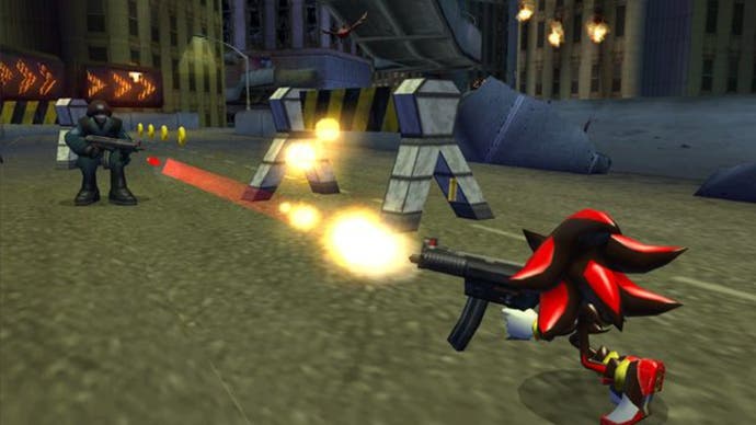 Shadow the Hedgehog attacks an enemy on a road with a gun in Shadow the Hedgehog (2005).