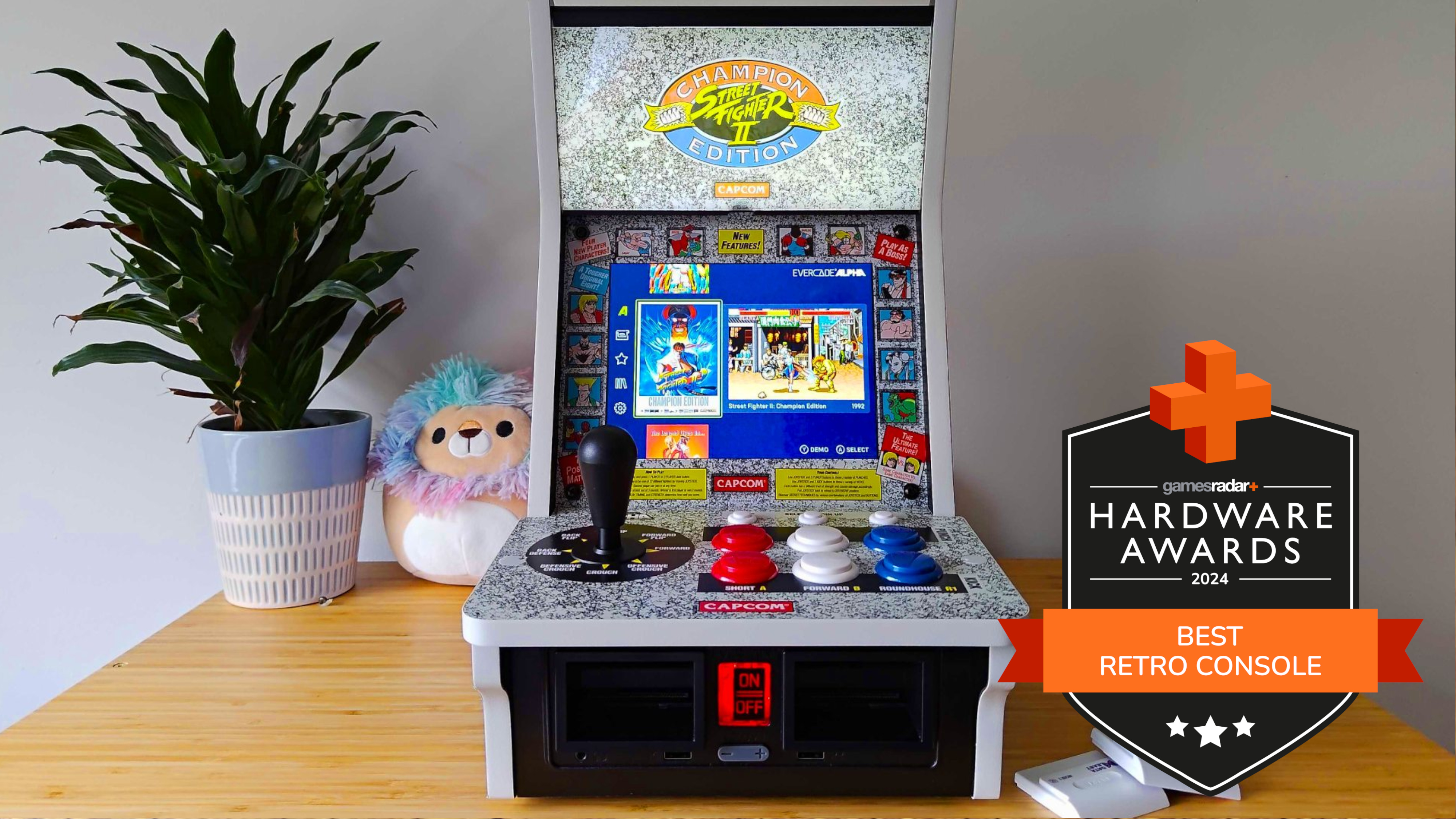 Front of Evercade Alpha arcade emulator with GamesRadar+ Hardware Awards badge