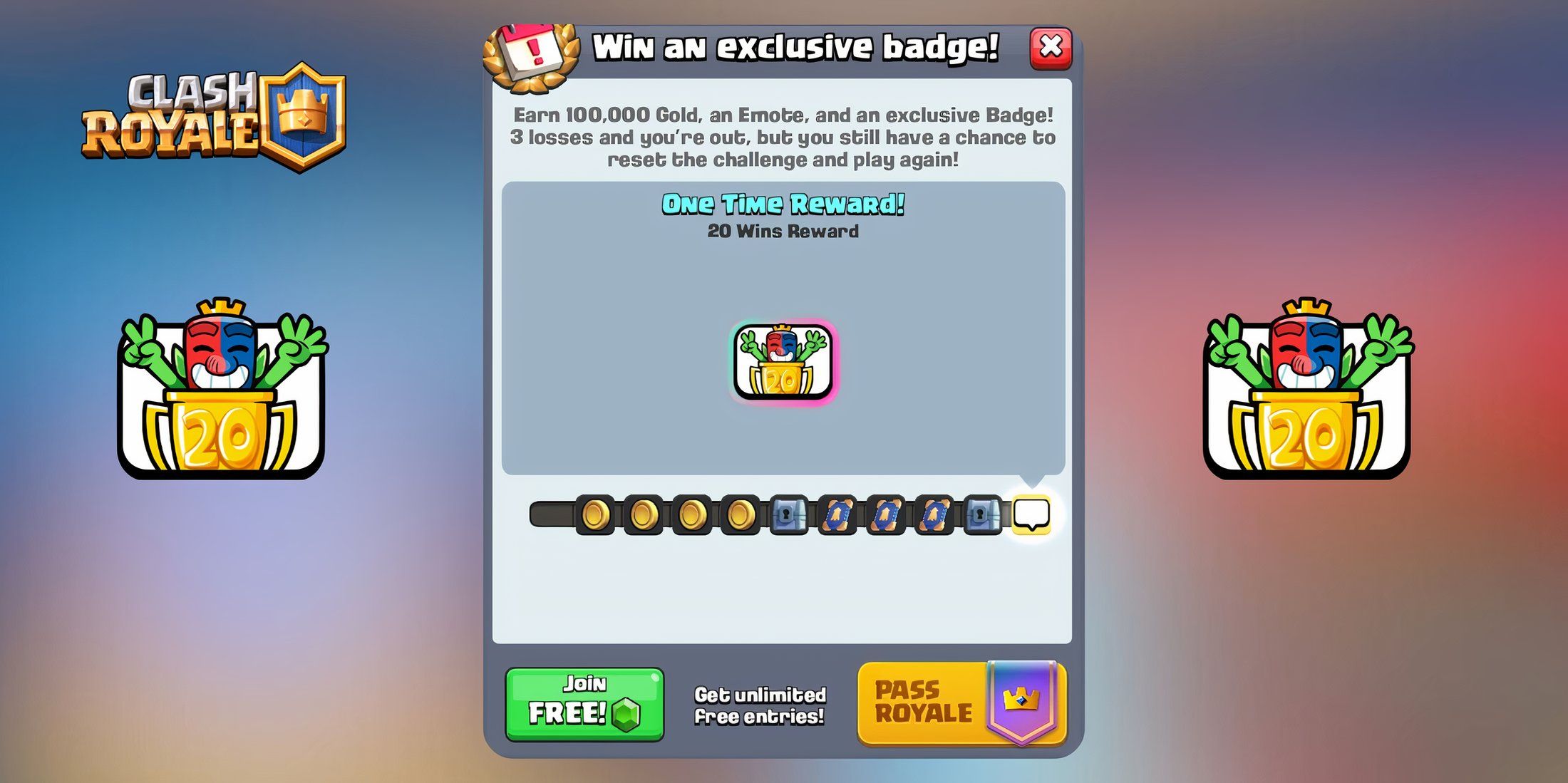 all milestones and rewards of the 20 win challenge in clash royale 