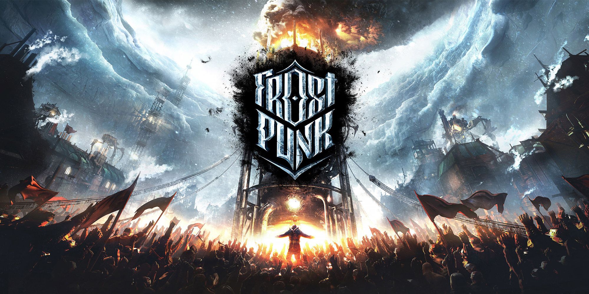 Frostpunk Title Showing Survivors Gathered Around The Furnace