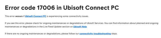 An error message, courtesy of Ubisoft.