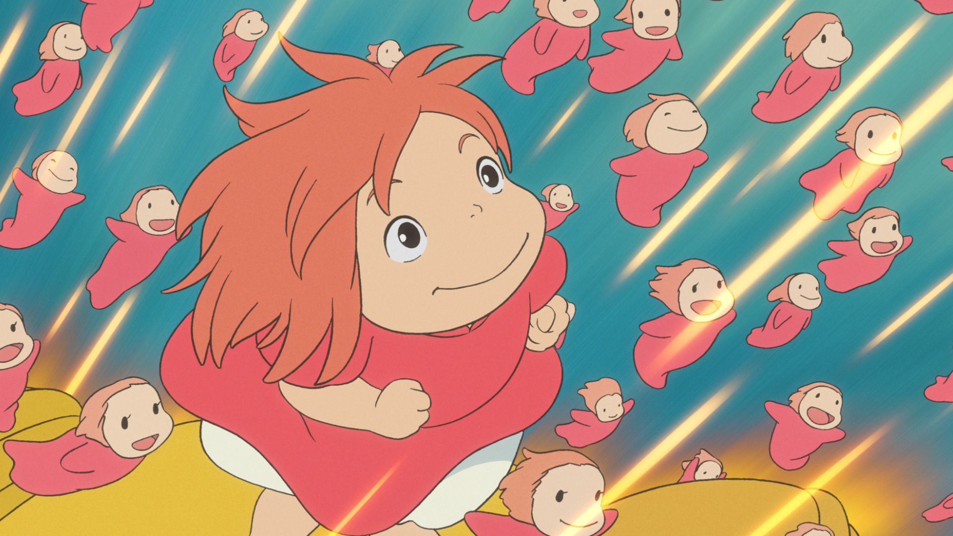 Ponyo swimming out of the sea with her sisters