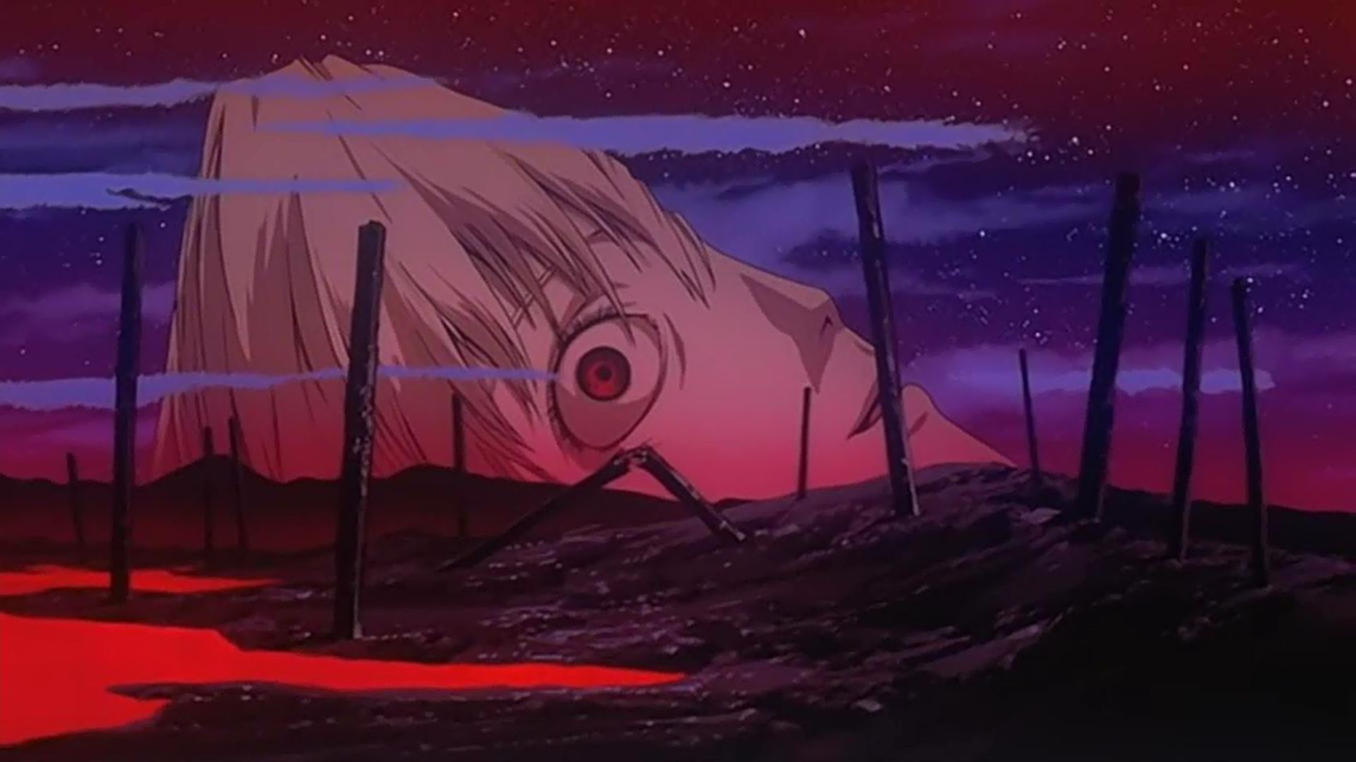 A giant face of Rei during the Third Impact in End of Evangelion