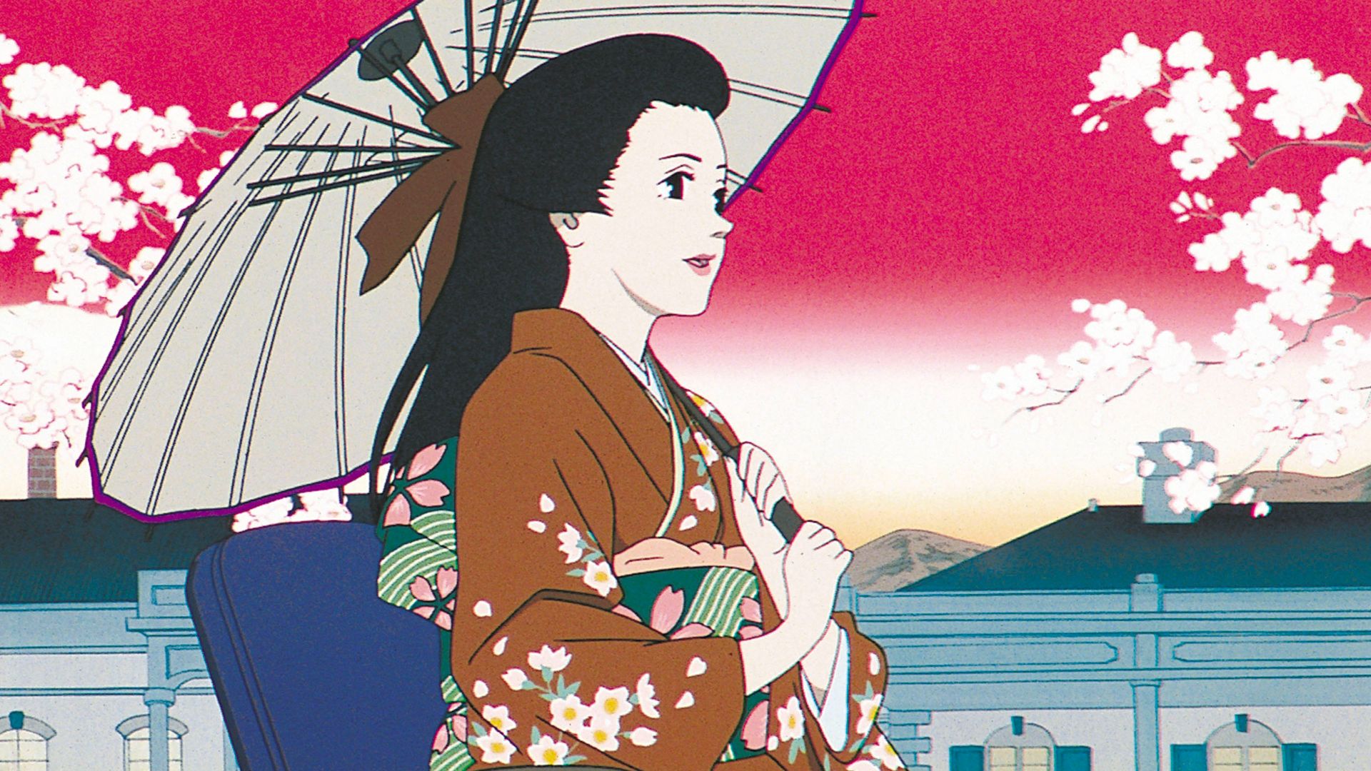 Chiyoko holding an umbrella during a flashback in Millennium Actress