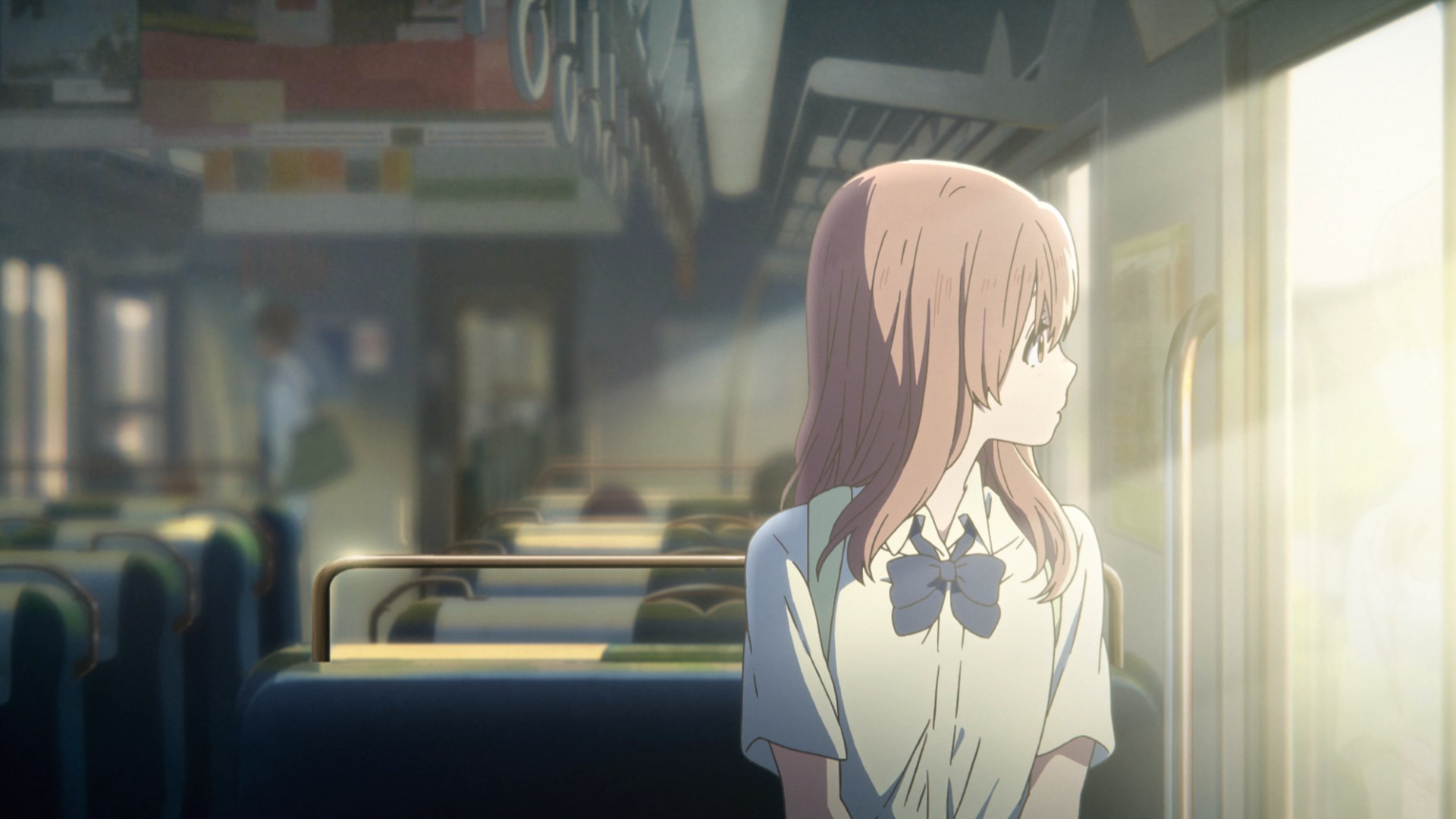 Shoko looking out of a train window in A Silent Voice