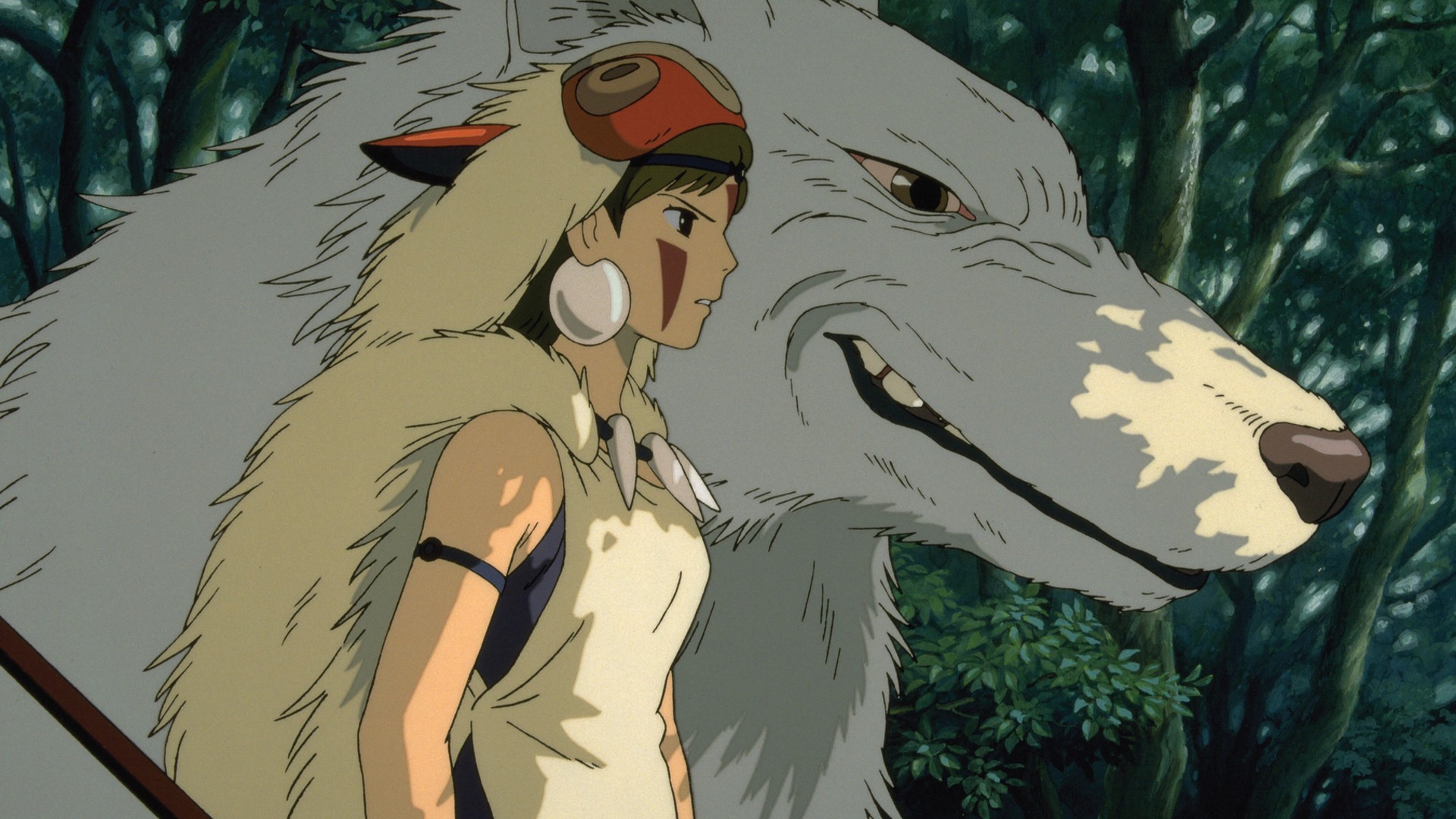 San in warpaint next to wolf Moro in Princess Mononoke