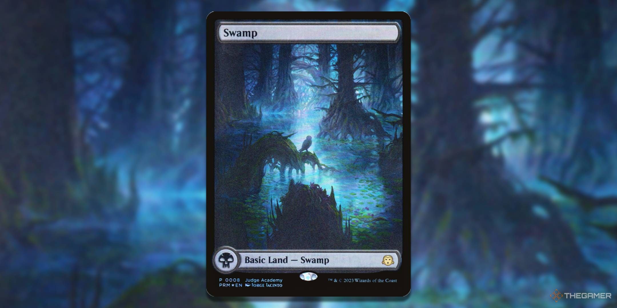 MTG Judge Gift Card 2023 Swamp card with art in the background.