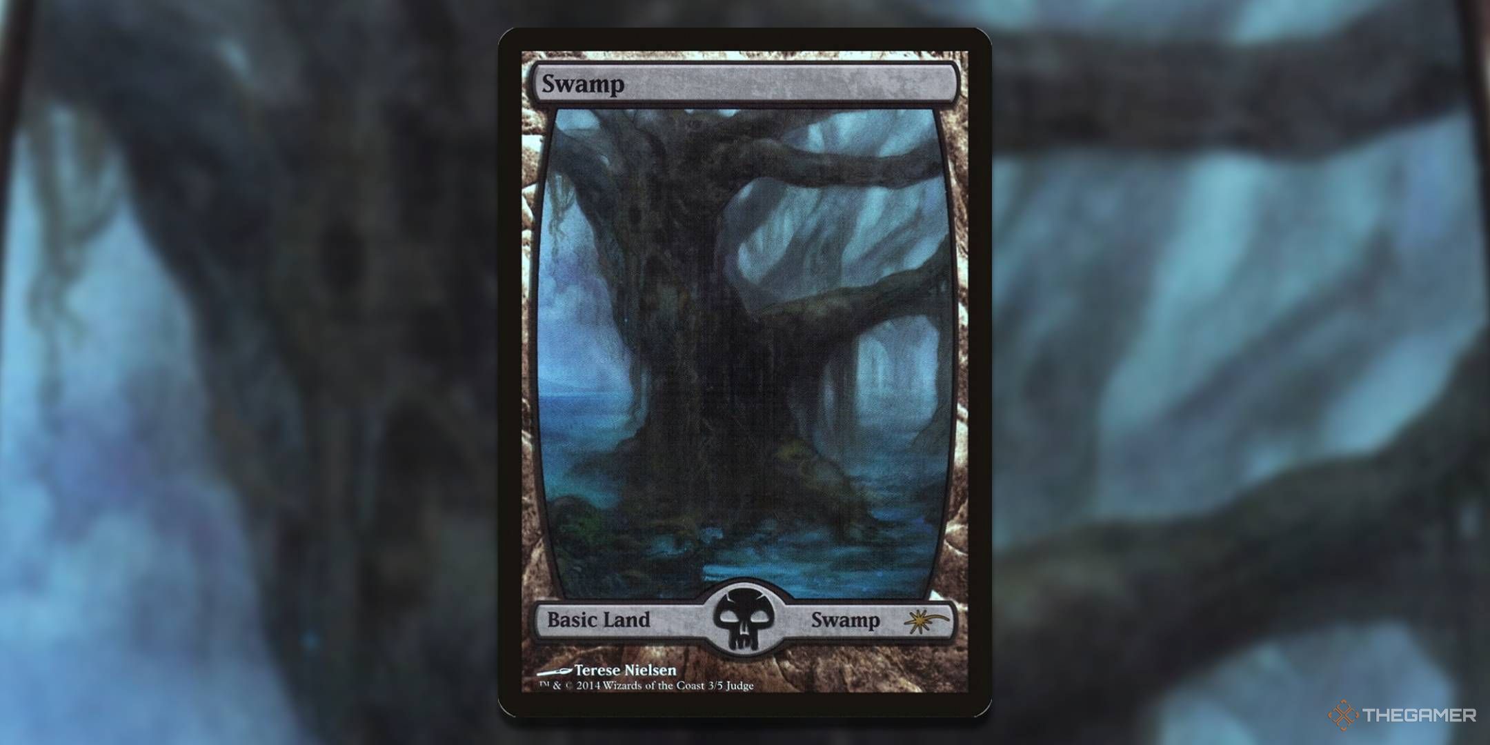 MTG Judge Gift Card 2014 Swamp card with art in the background.