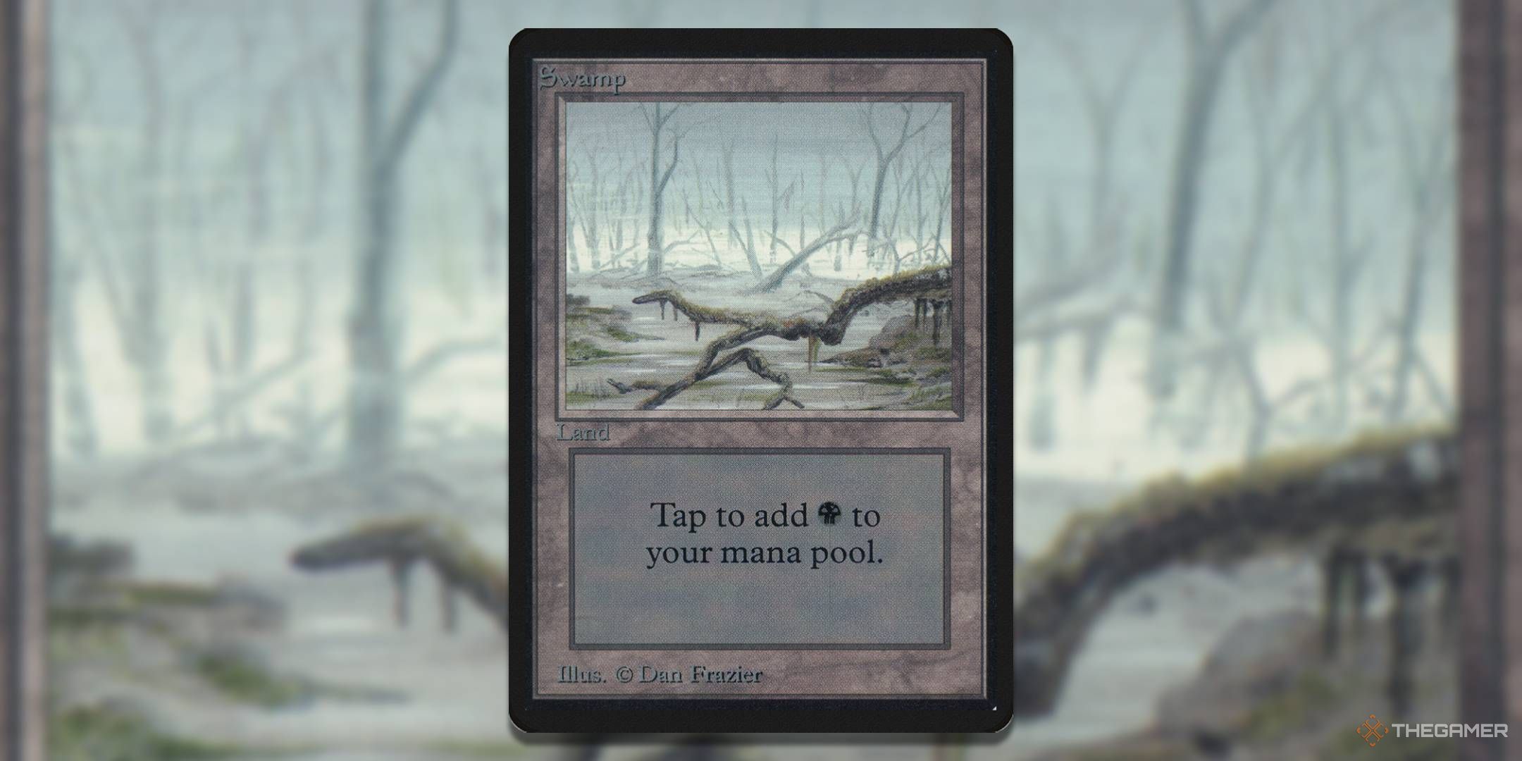 MTG LEA 290 Swamp card with art in the background.