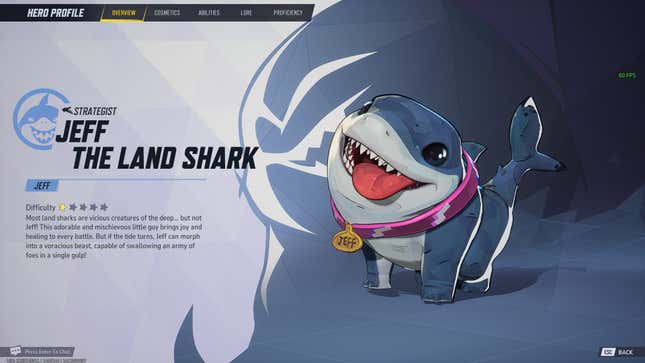 A character selection screen shows Jeff the Land Shark.