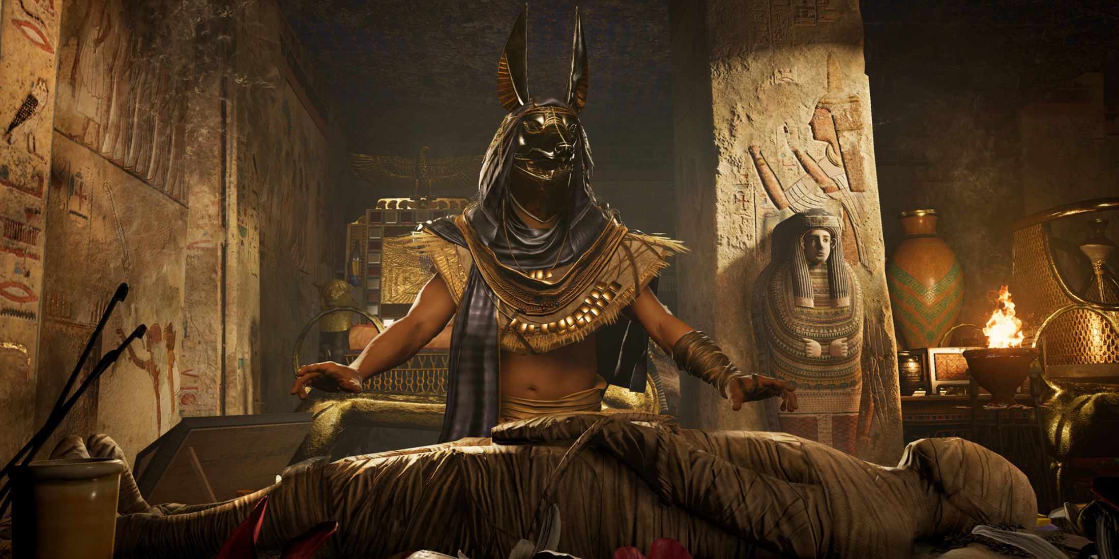 Apothecary preparing a mummy in Assassin's Creed Origins