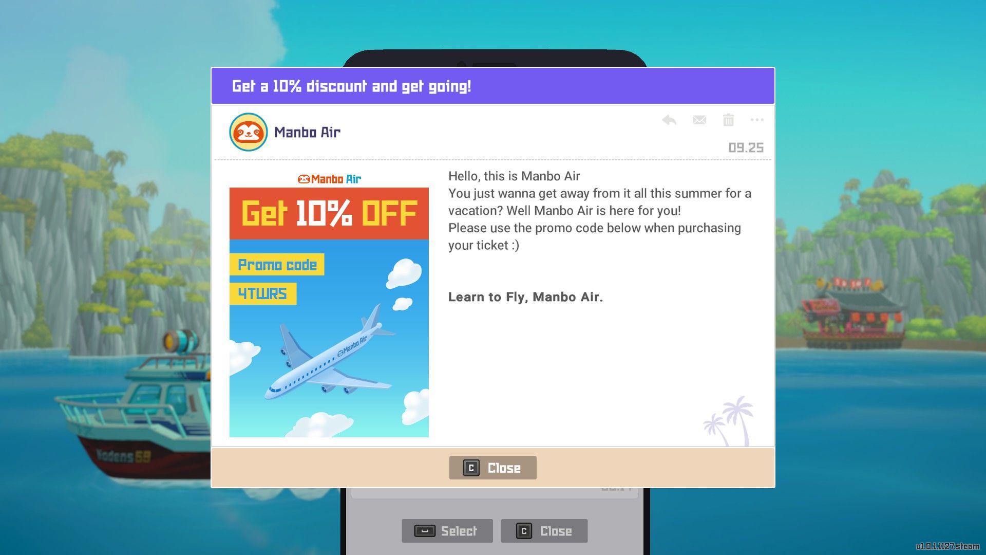 The Manbo Air email that shows the promotional code in Dave the Diver.