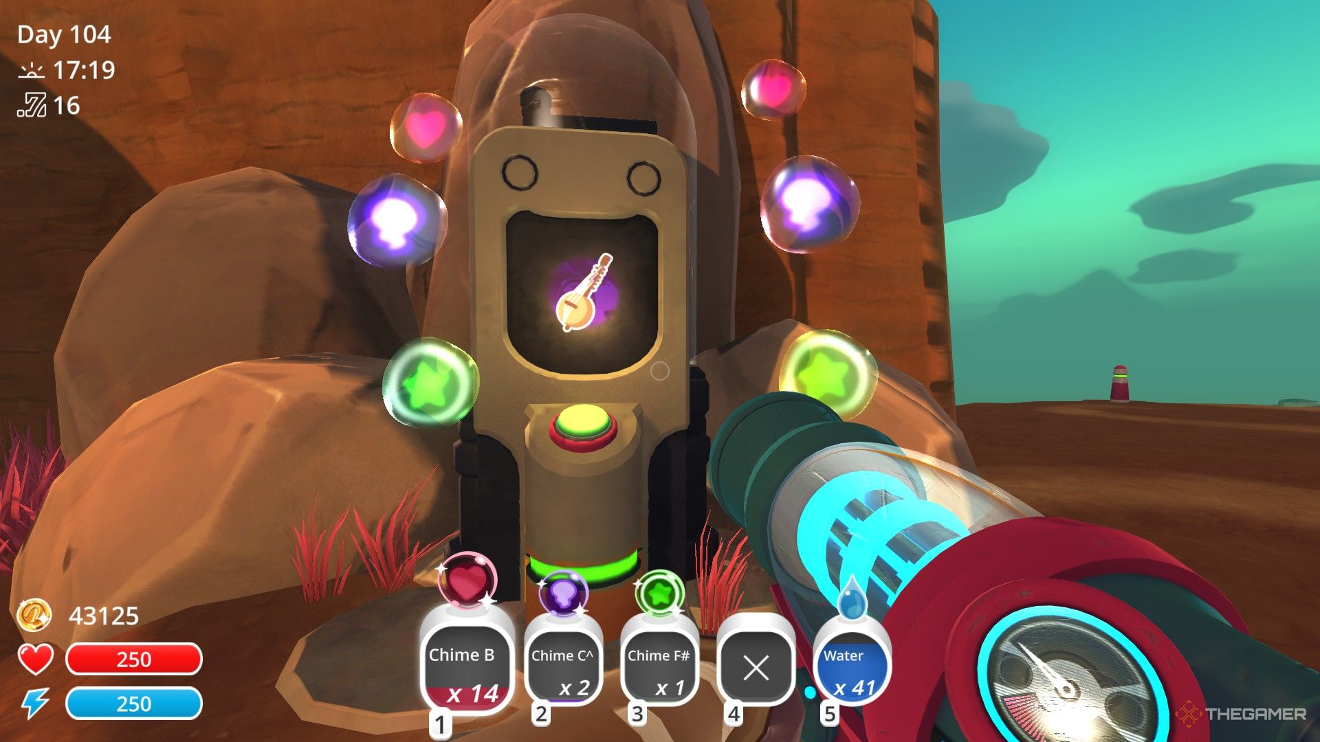 The player is standing in front of the Chime Changer in Slime Rancher.