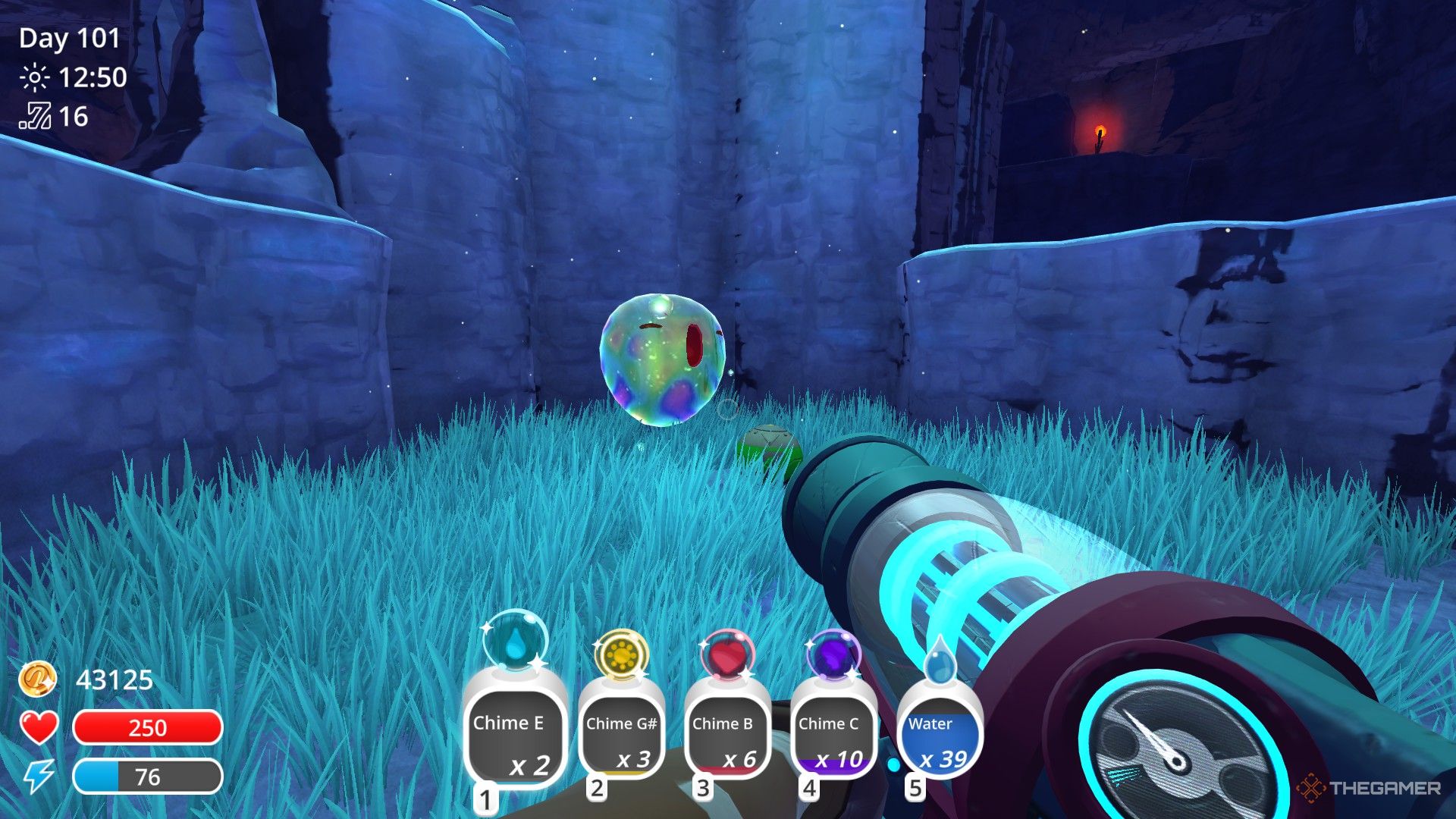 The player finds a Twinkle Slime inside the Indigo Quarry in Slime Rancher.