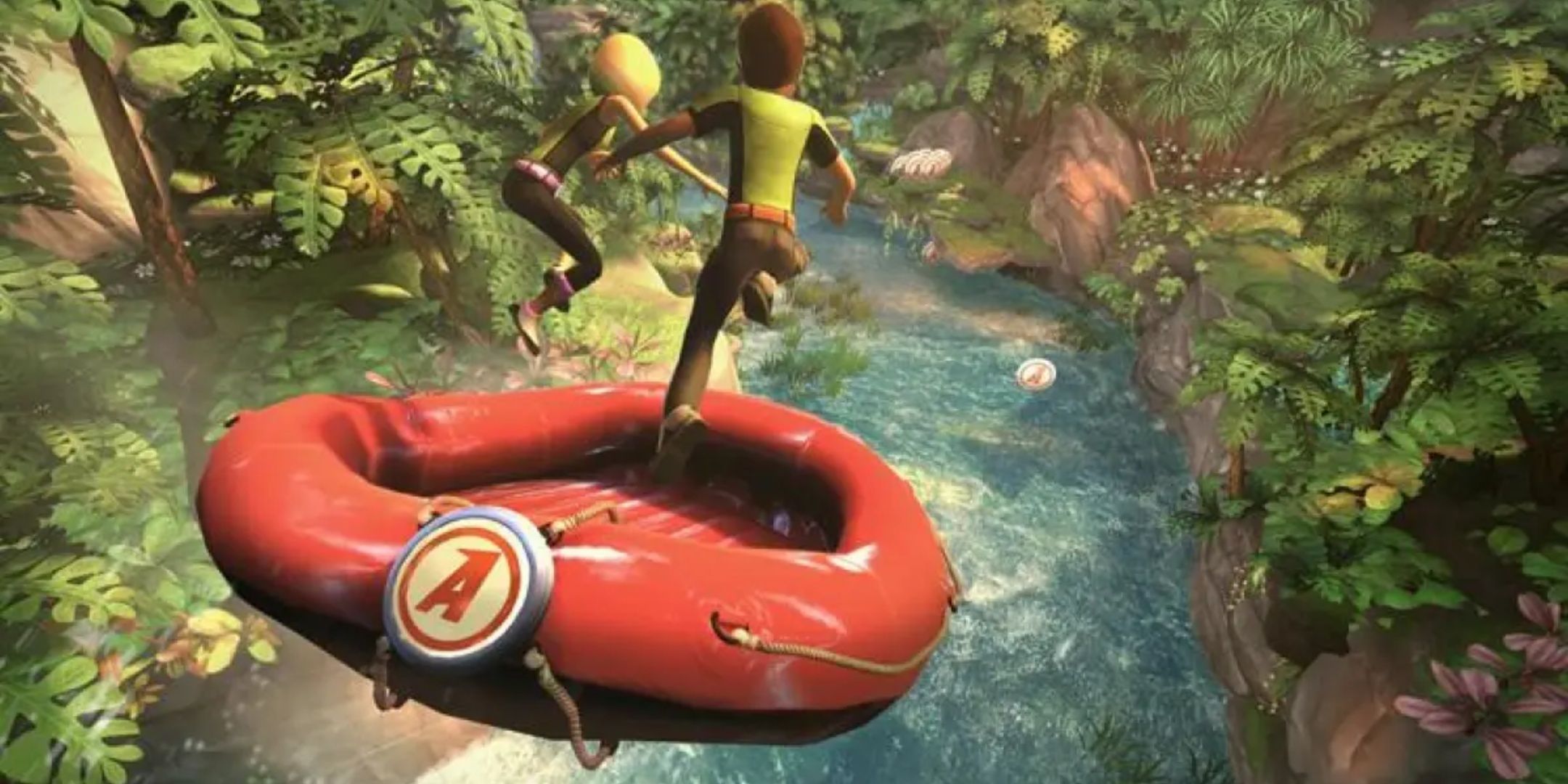 Riding a raft in Kinect Adventures.