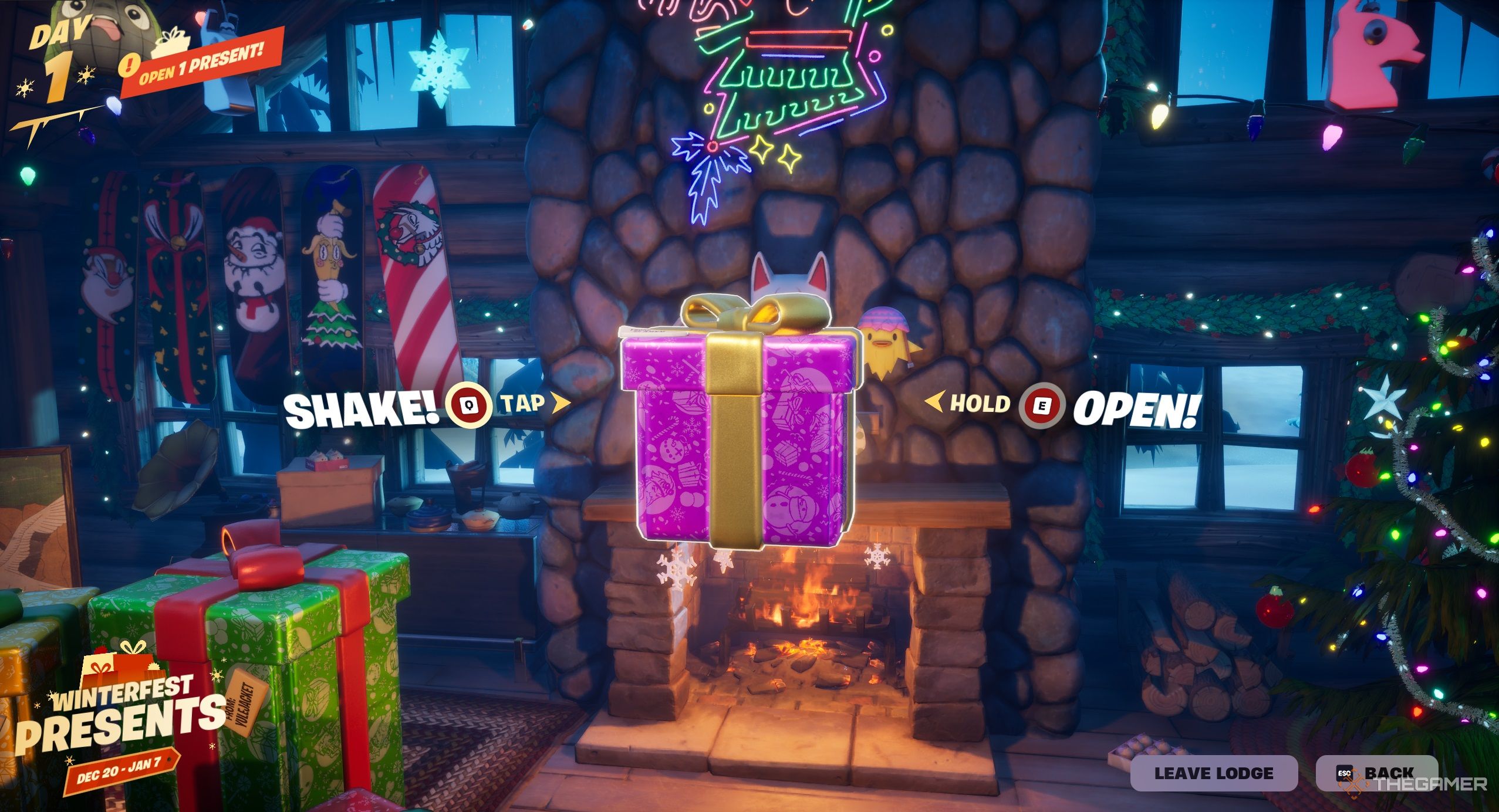 A screenshot of opening the Winterfest present in Fortnite.