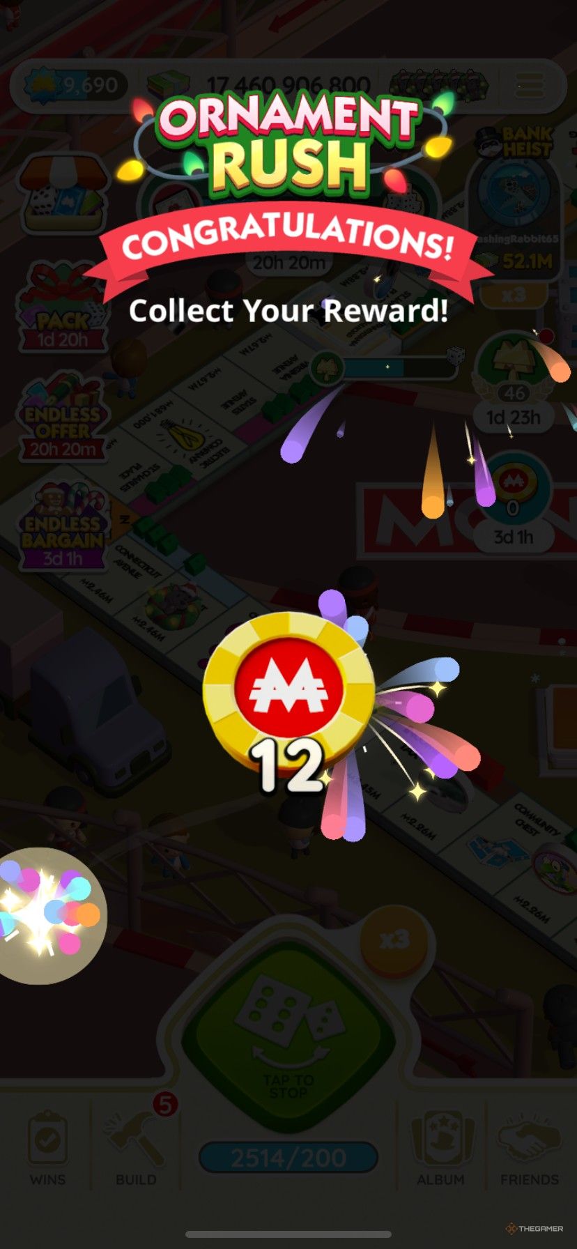 Earning 12 Peg-E tokens in Ornament Rush in Monopoly Go.