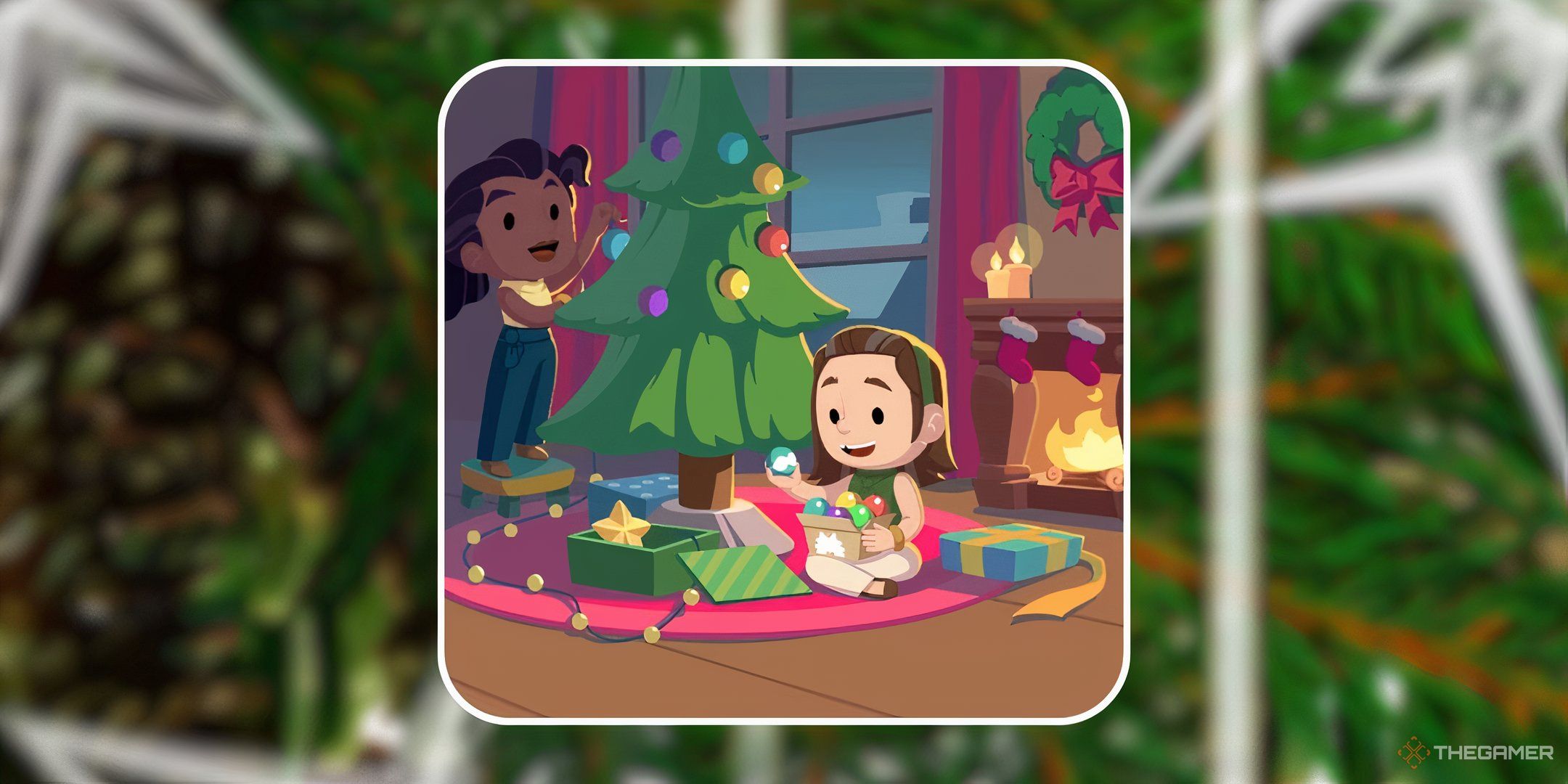 Two characters from Monopoly Go dressing a Christmas tree in Ornamennt Rush in Monopoly Go.