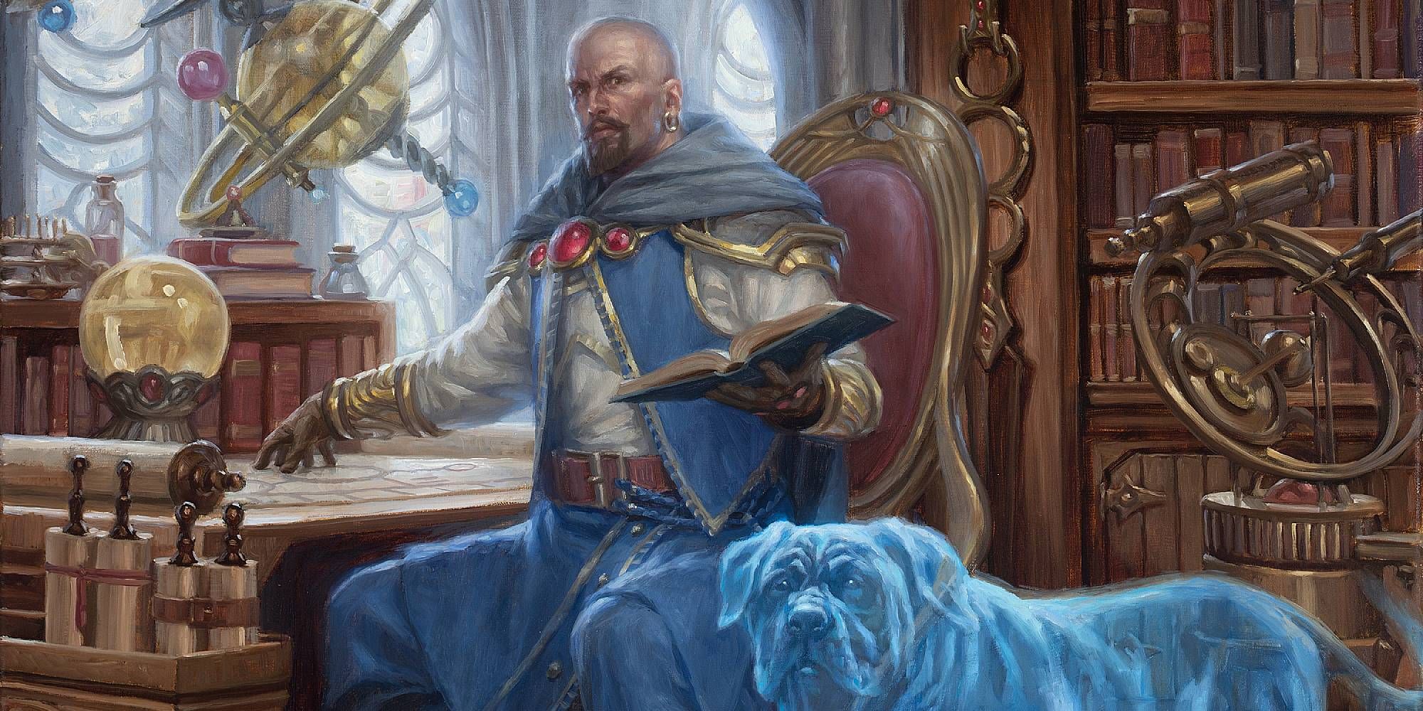 Mordenkainen from D&D sitting down in elaborate blue robes with a spectral dog