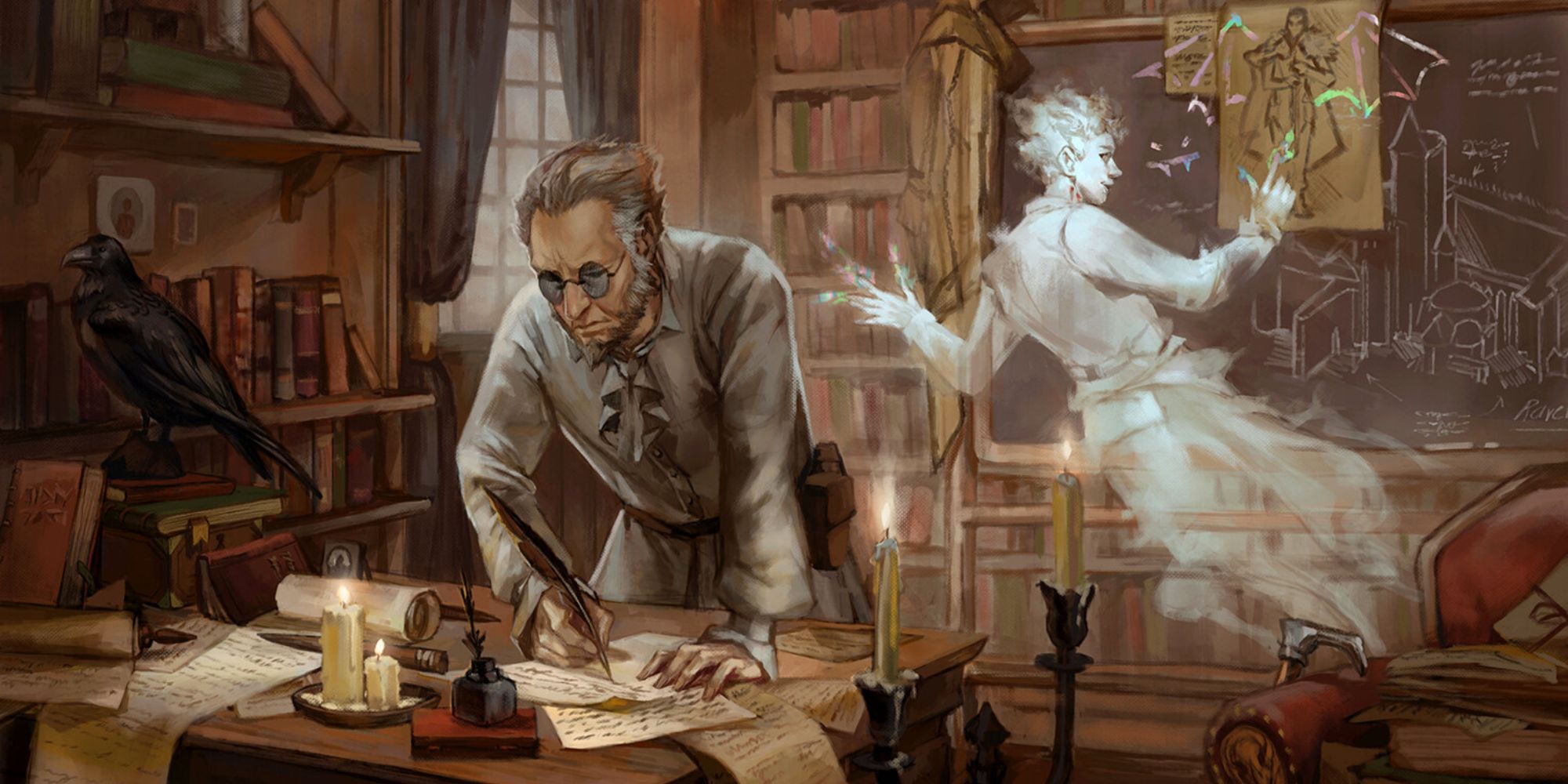 Van Richten and a ghost studying documents and writing on a board.