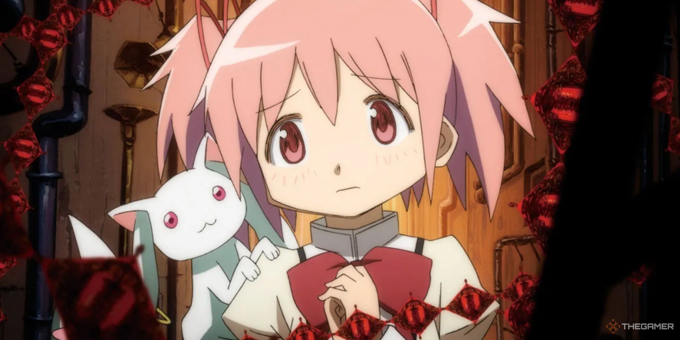 Madoka and Kyubey behind a magical barrier in Madoka Magica.