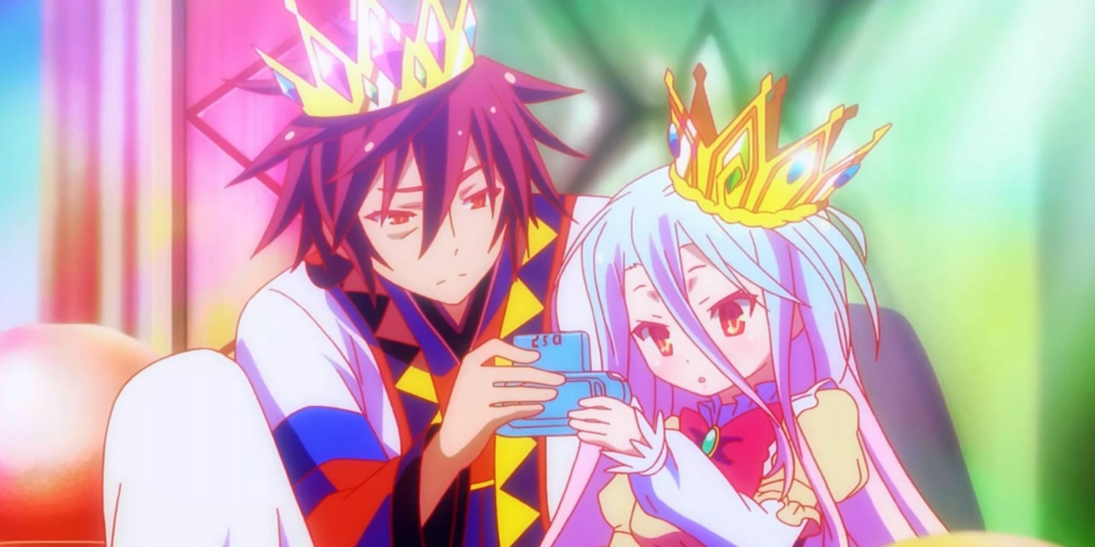 Sora and Shiro from No Game No Life wearing their royal attire and playing a game together.