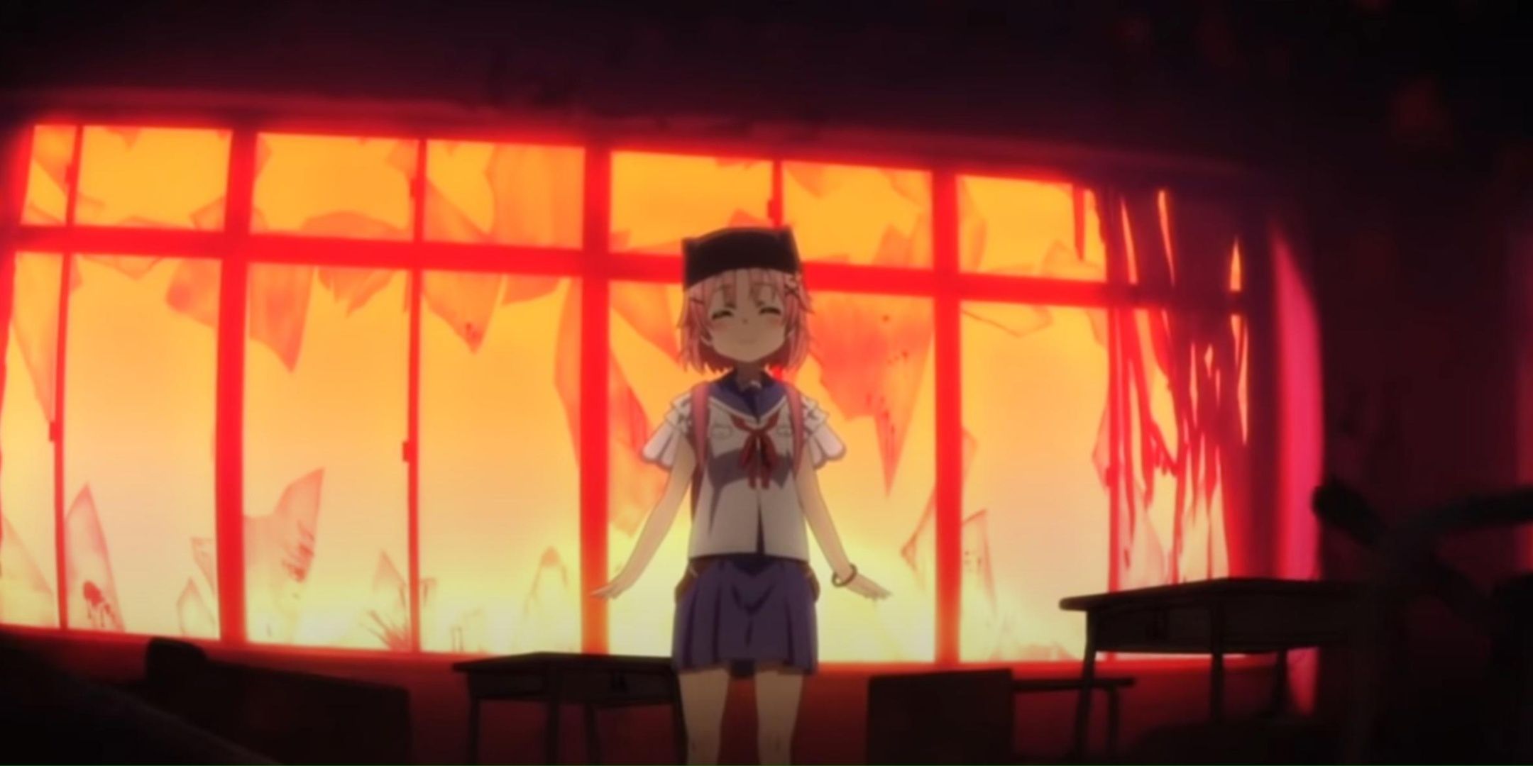 Yuki standing oblivious to the shattered windows behind her in School live.