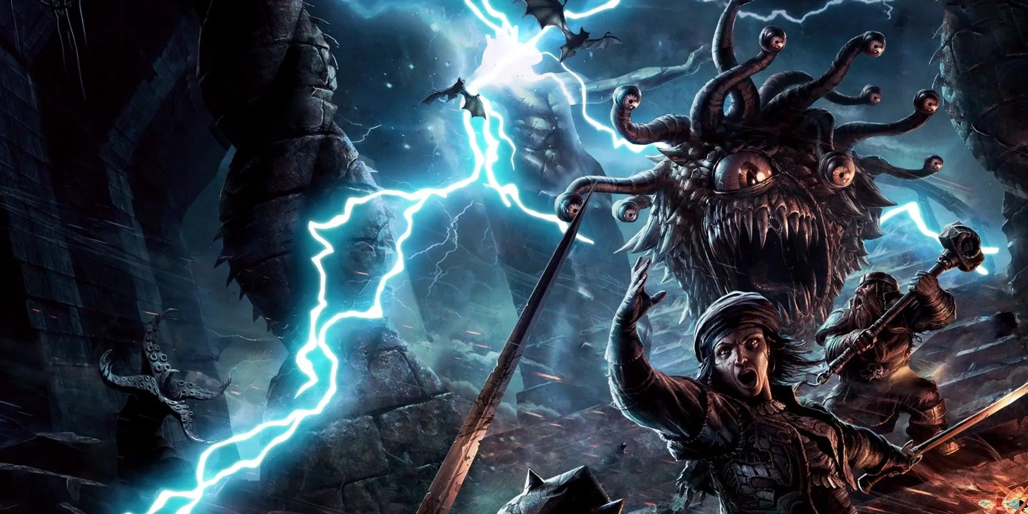 Dungeons & Dragons Monster Manual Cover Art with a Beholder chasing adventurers as lightning strikes.