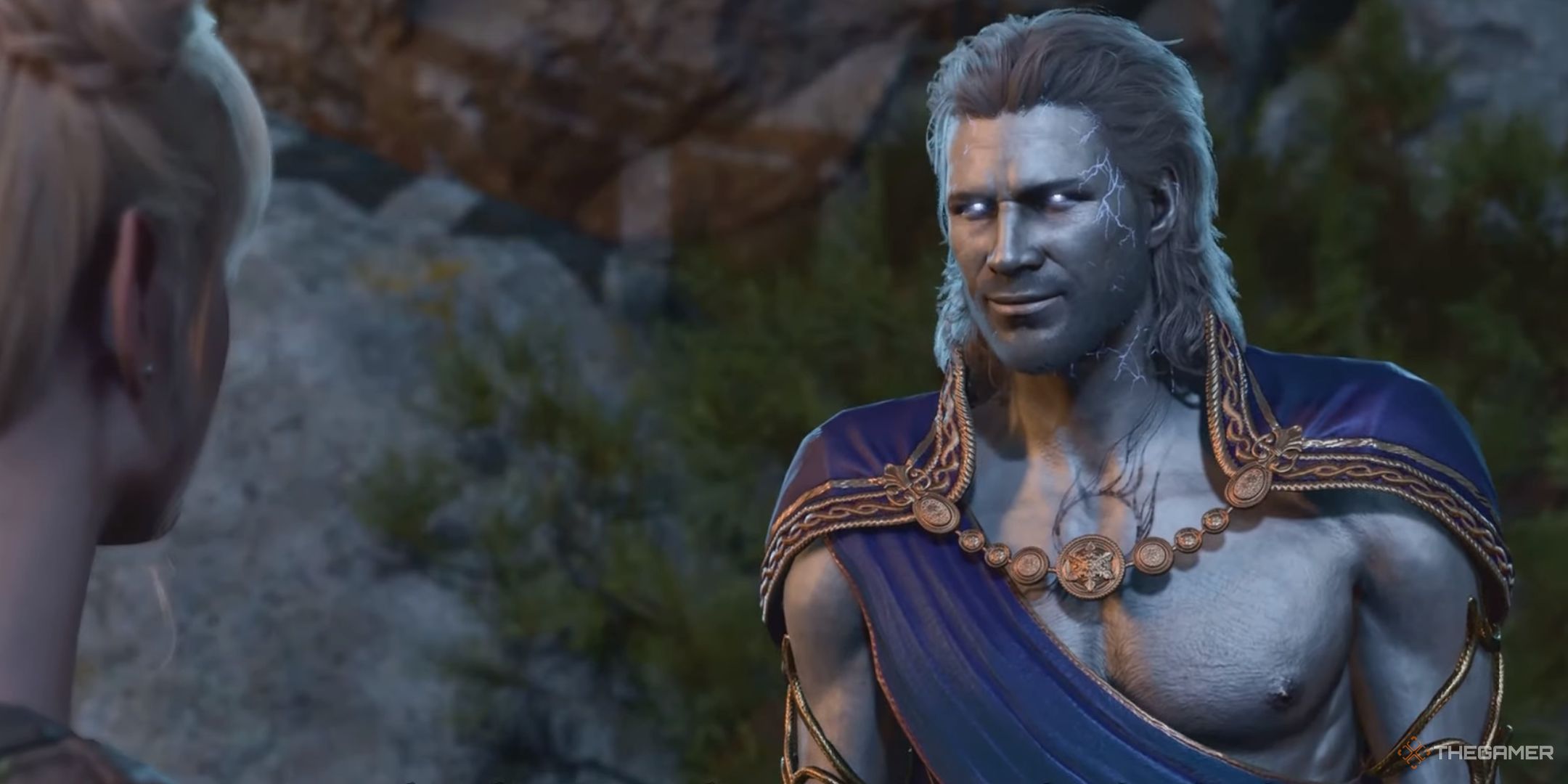 Gale in the Baldur's Gate 3 epilogue after acheiving godhood. He is silver, with glowing eyes, and wearing blue robes.