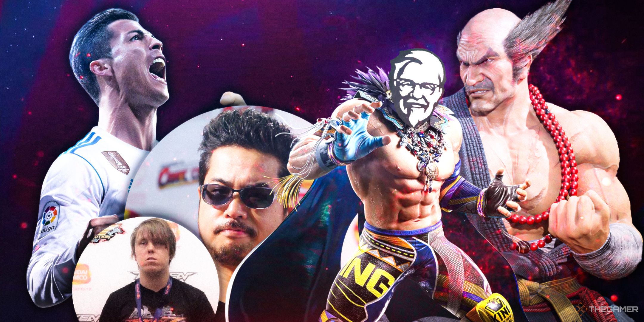 A collage showing Cristiano Ronaldo, Coronel Sanders from KFC, Heihachi Mishima, Harada, and Murray.