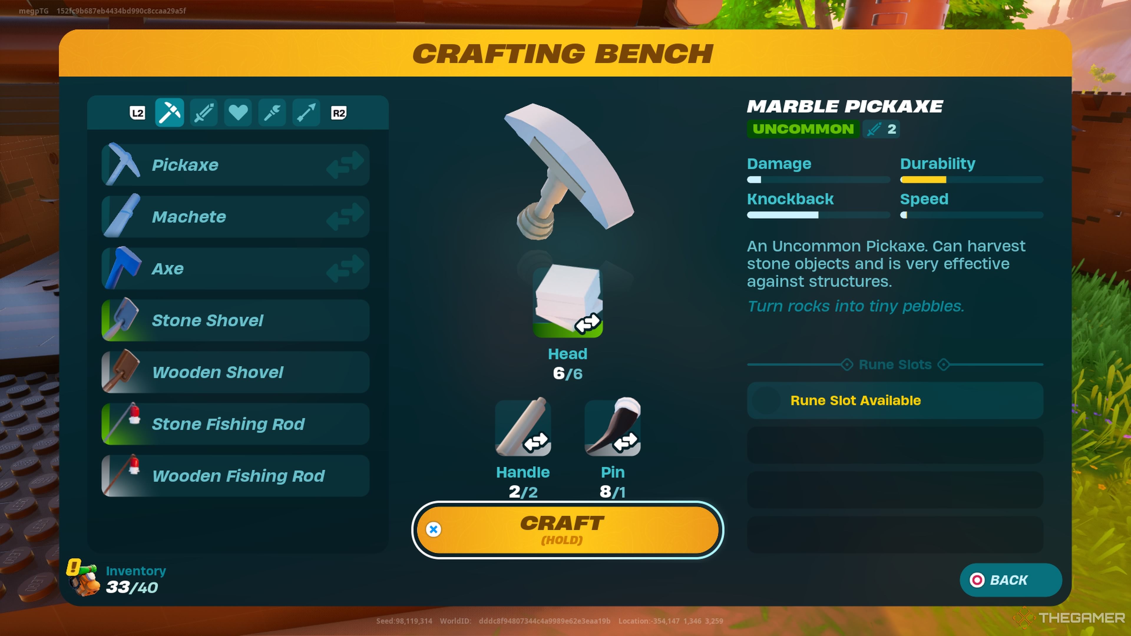 Crafting an Uncommon Pickaxe in Lego Fortnite Odyssey.