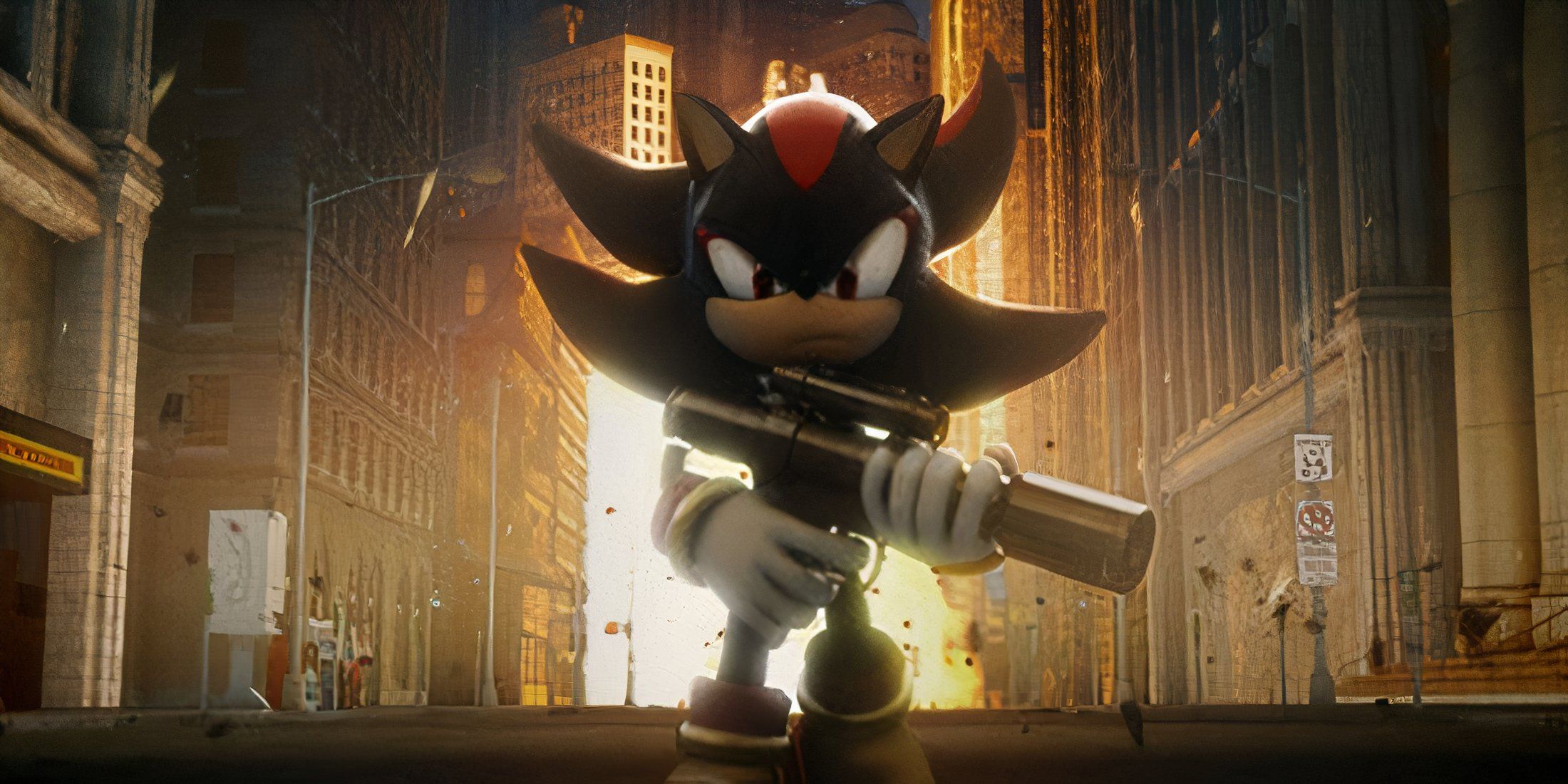 Shadow walking away from an explosion holding a gun in a promo for Shadow the Hedgehog