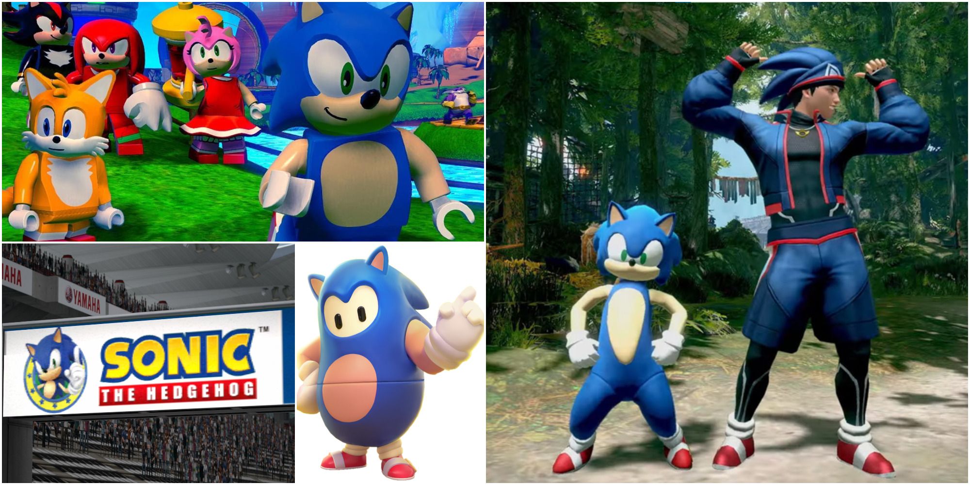 Sonic the Hedgehog cameos across various games: LEGO Dimensions, Gran Turismo 6, Fall Guys, and Monster Hunter Rise.