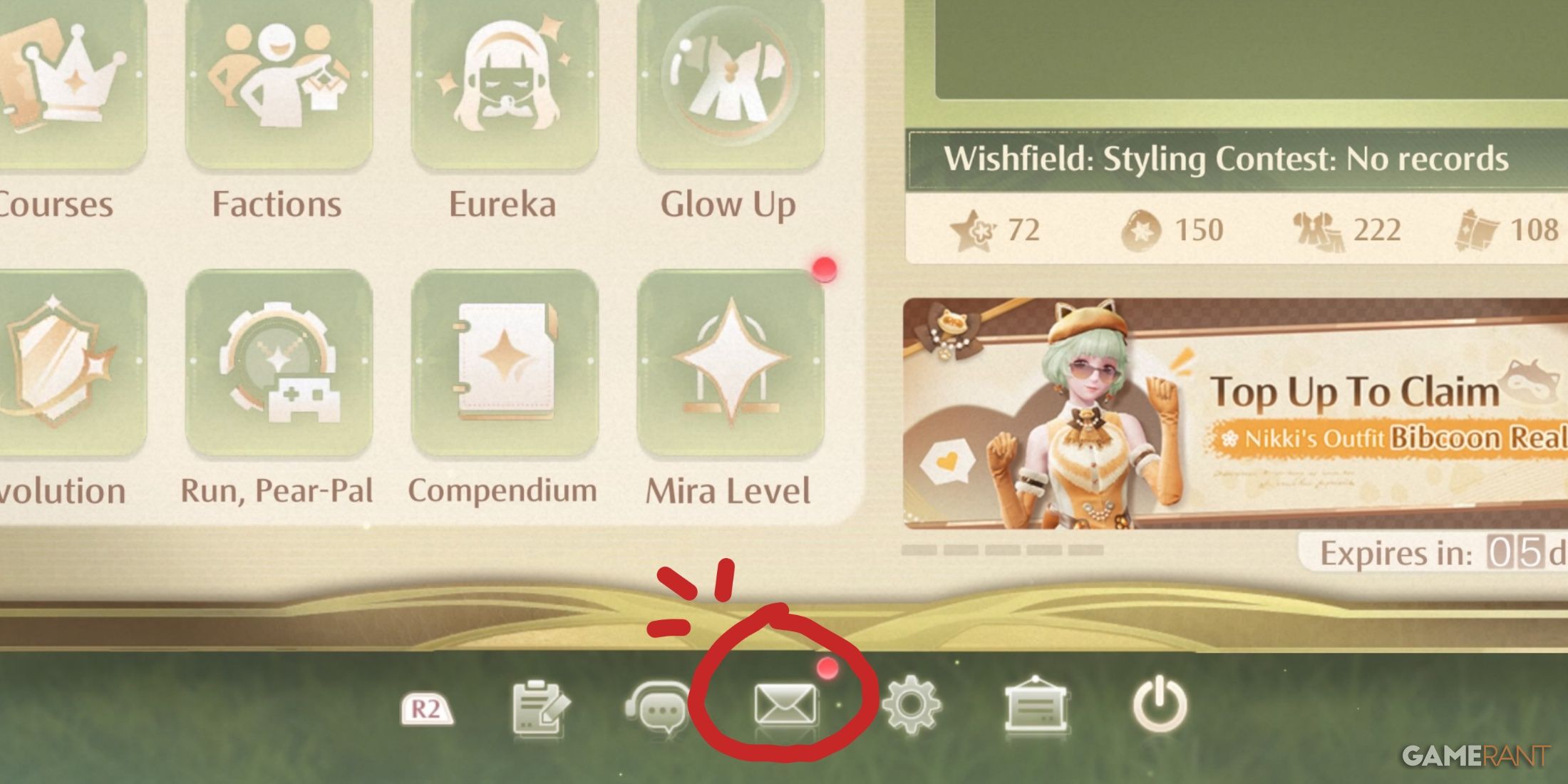 The messages icon in the PearPal in Infinity Nikki