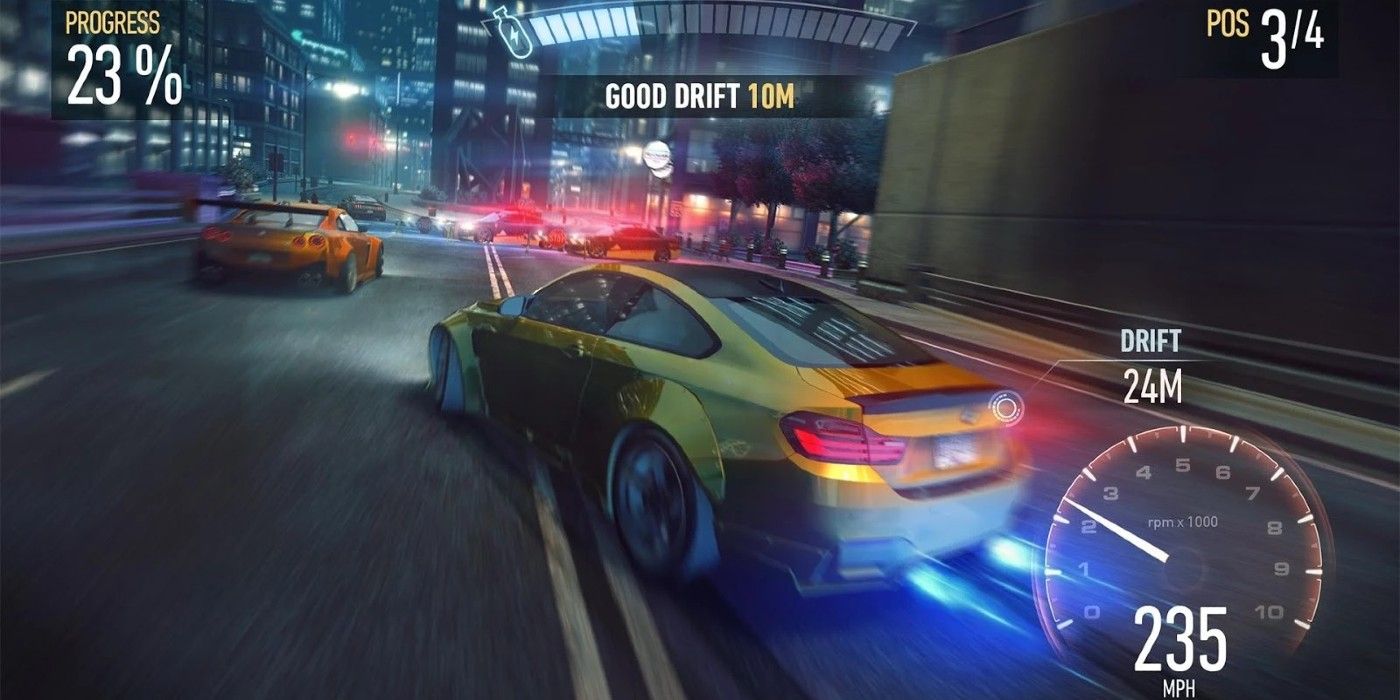 Need for Speed No Limits mobile game drifting through street at night.