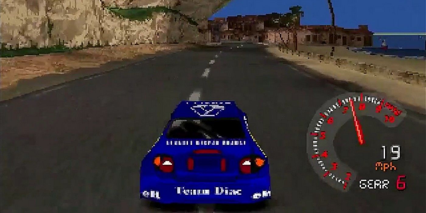 A blue car in Need for Speed V-Rally.