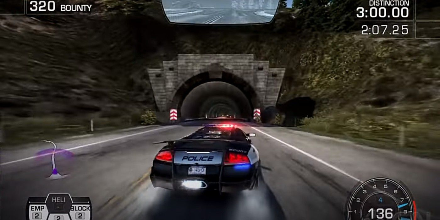 A cop car approaching a tunnel in Need for Speed Hot Pursuit 2010.