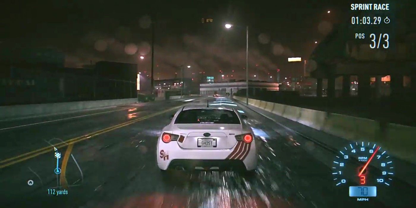 A car racing at night in Need for Speed 2015.