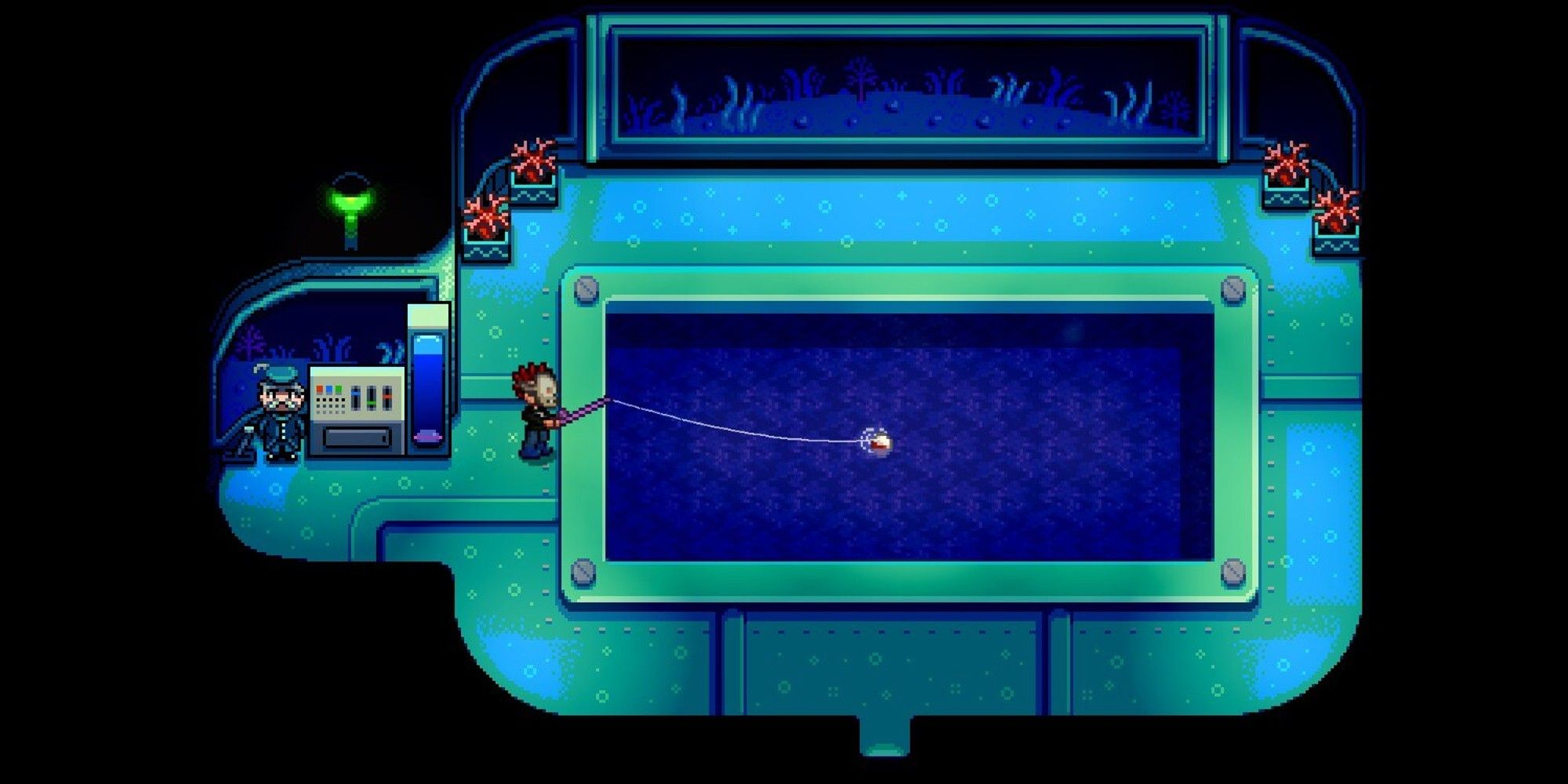 Player fishing in submarine at Night Market in Stardew Valley. 