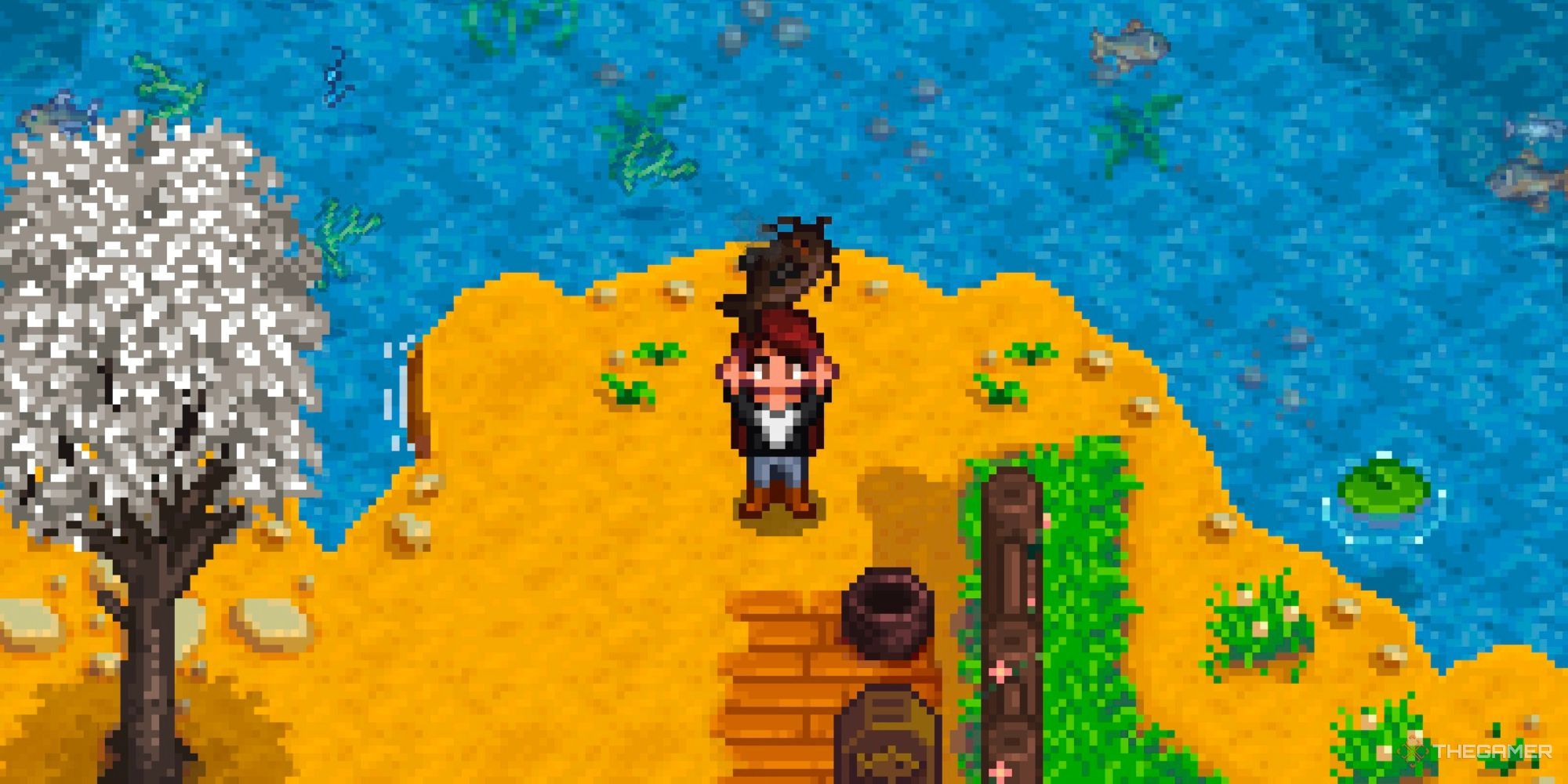 Farmer Holding Up Smoked Catfish in Stardew Valley.