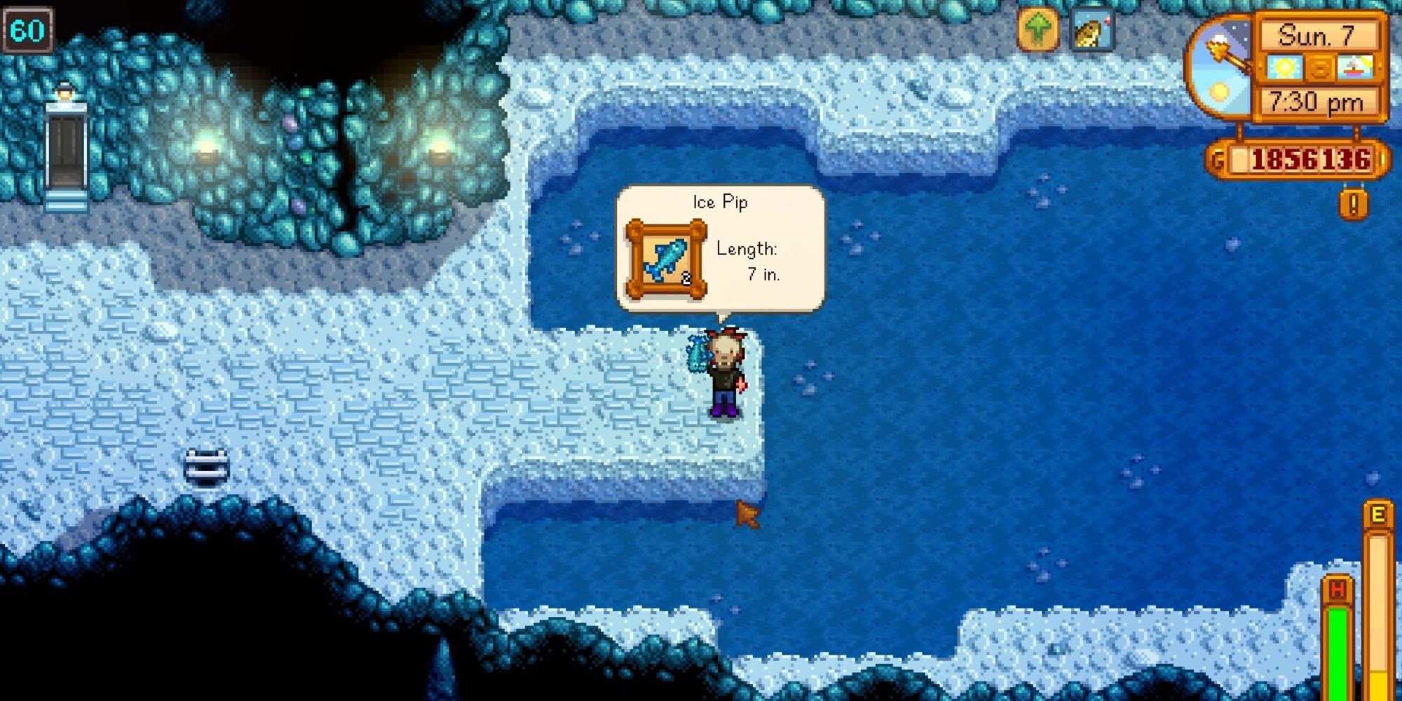 Stardew Valley player fishing for an ice pip in mines.