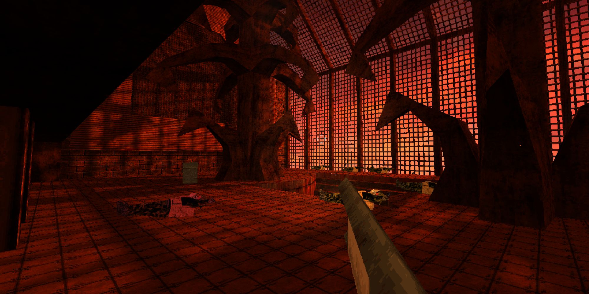 The player character brandishes their shotgun in a tree-filled room in Dusk.