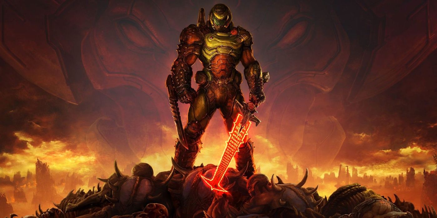 Doom Eternal screenshot of Doomguy with slayersword on a pile of dead demons.