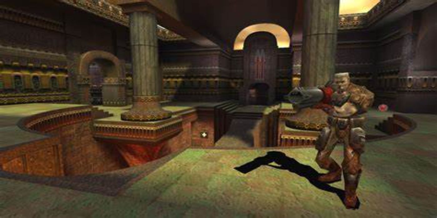 Quake 3 Arena screenshot of player holding weapon.