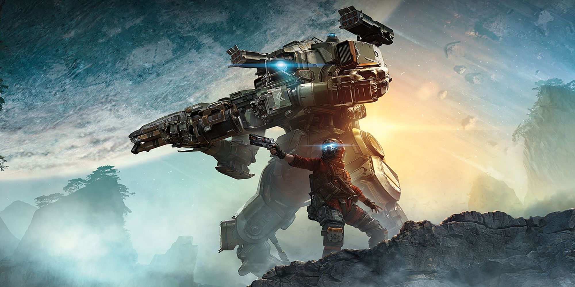 Titan and Pilot standing together in the game poster for Titanfall 2. 