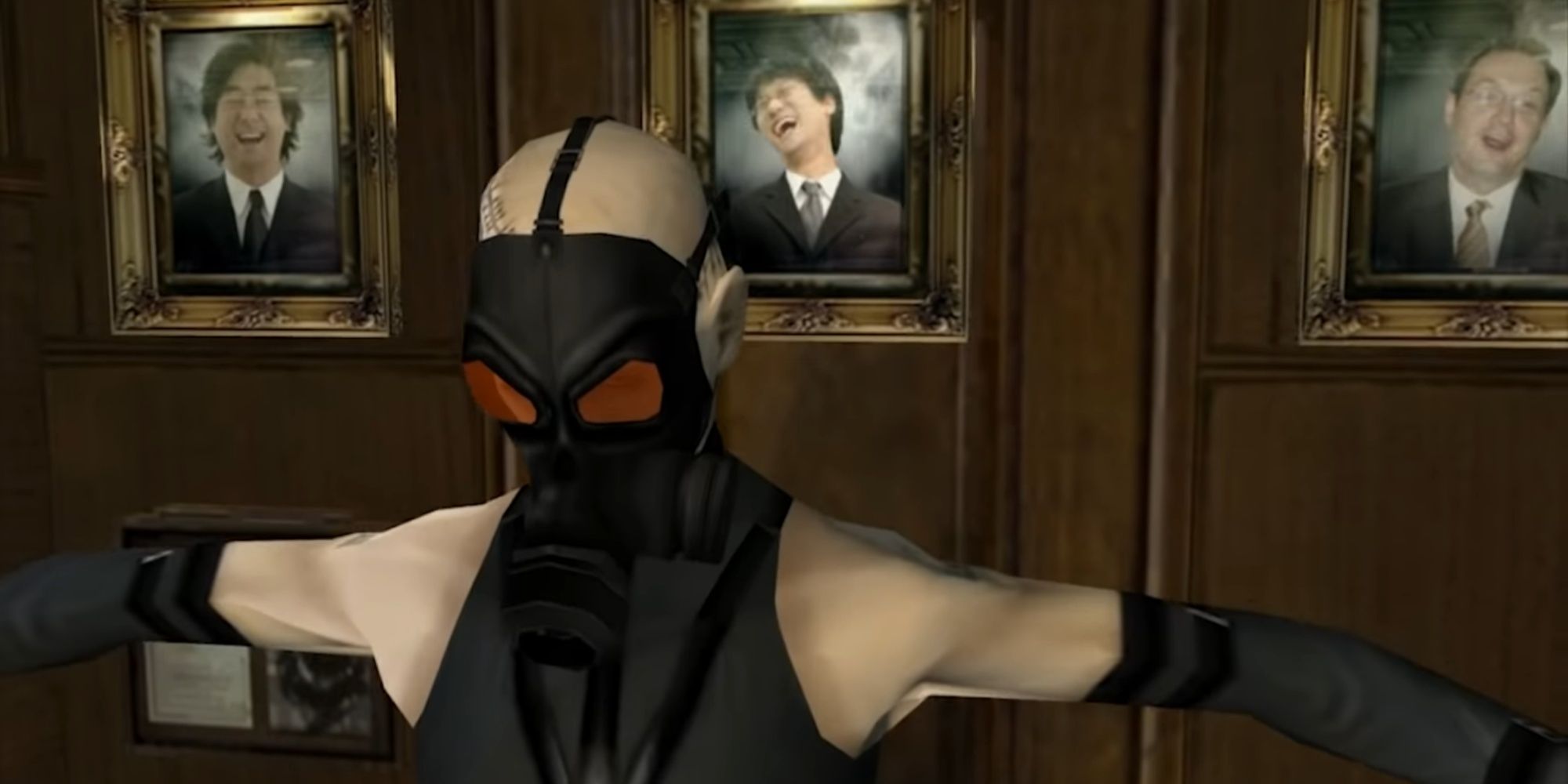 Close-up of Psycho Mantis in a cutscene prior to the boss fight with Kojima laughing in a picture frame.