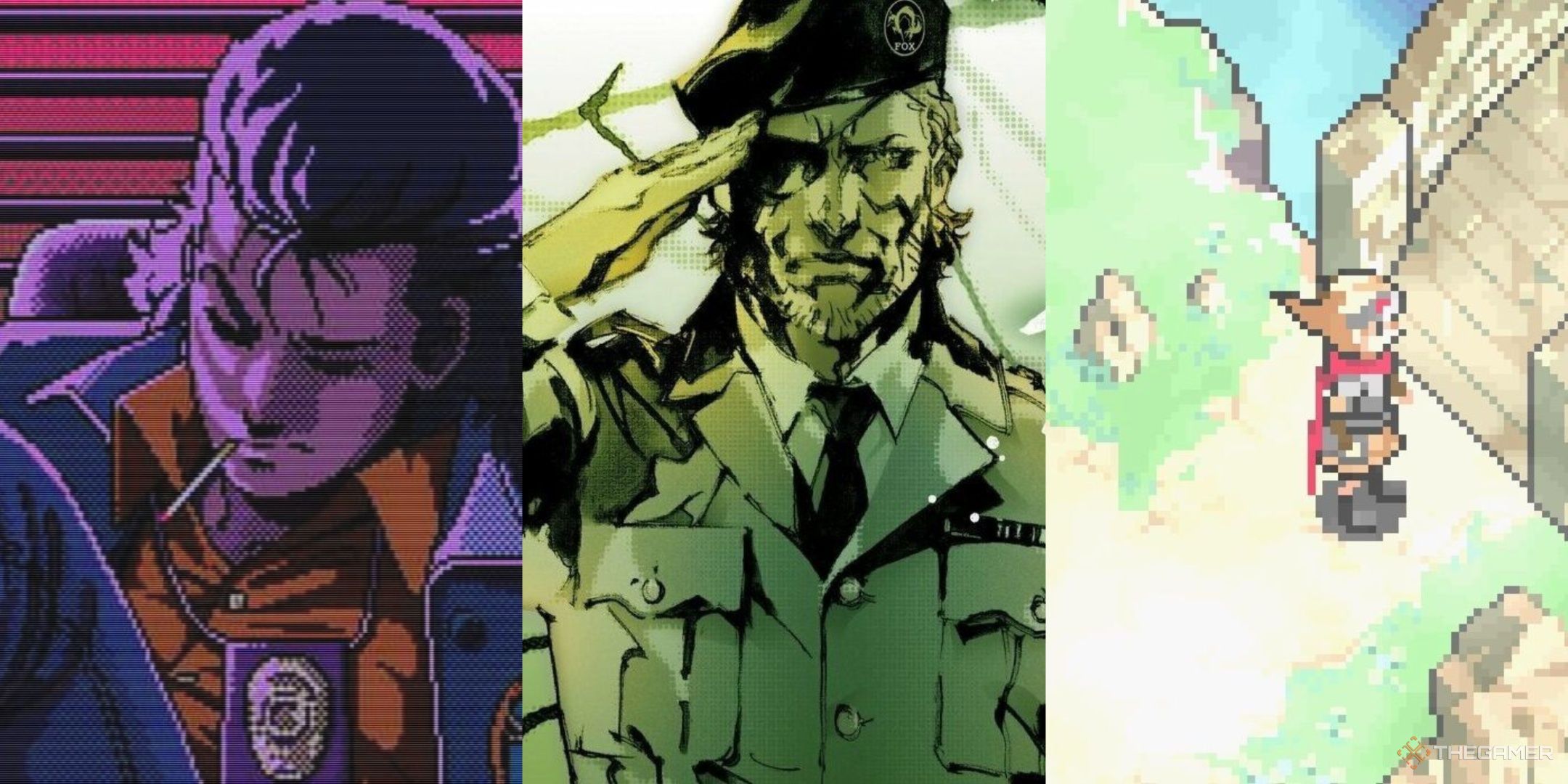 a character from policenauts with a cigarette, snake saluting in metal gear solid 3, and the character in boktai standing by a bridge.