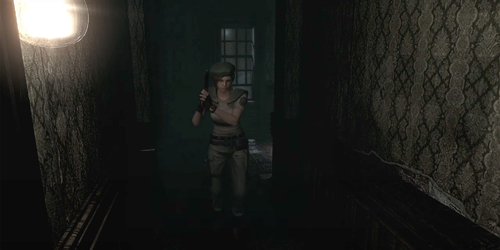 Jill Valentine running through Spencer Mansion in Resident Evil 1 Remake.