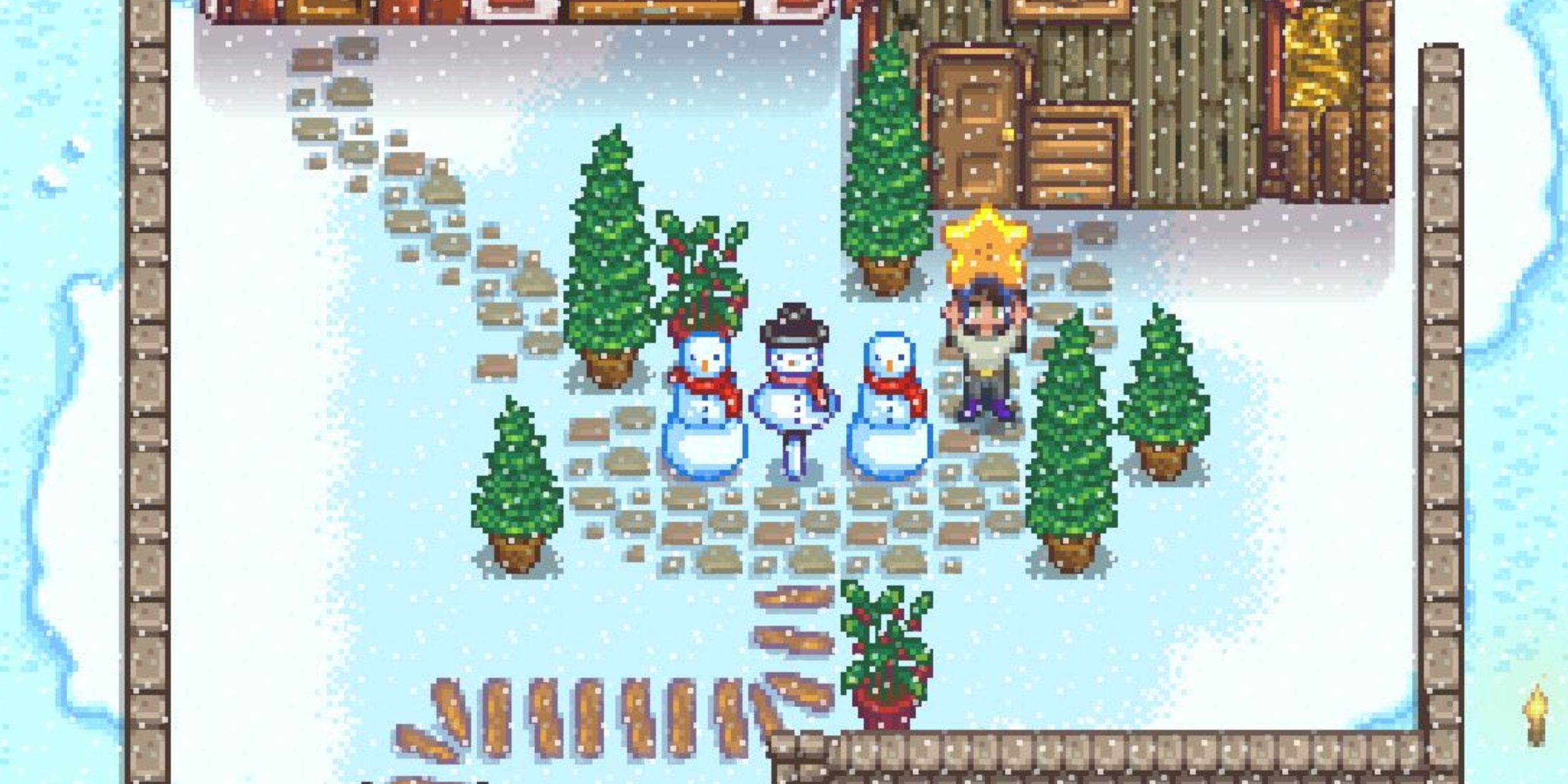 Three snowmen on a farm in Stardew Valley.